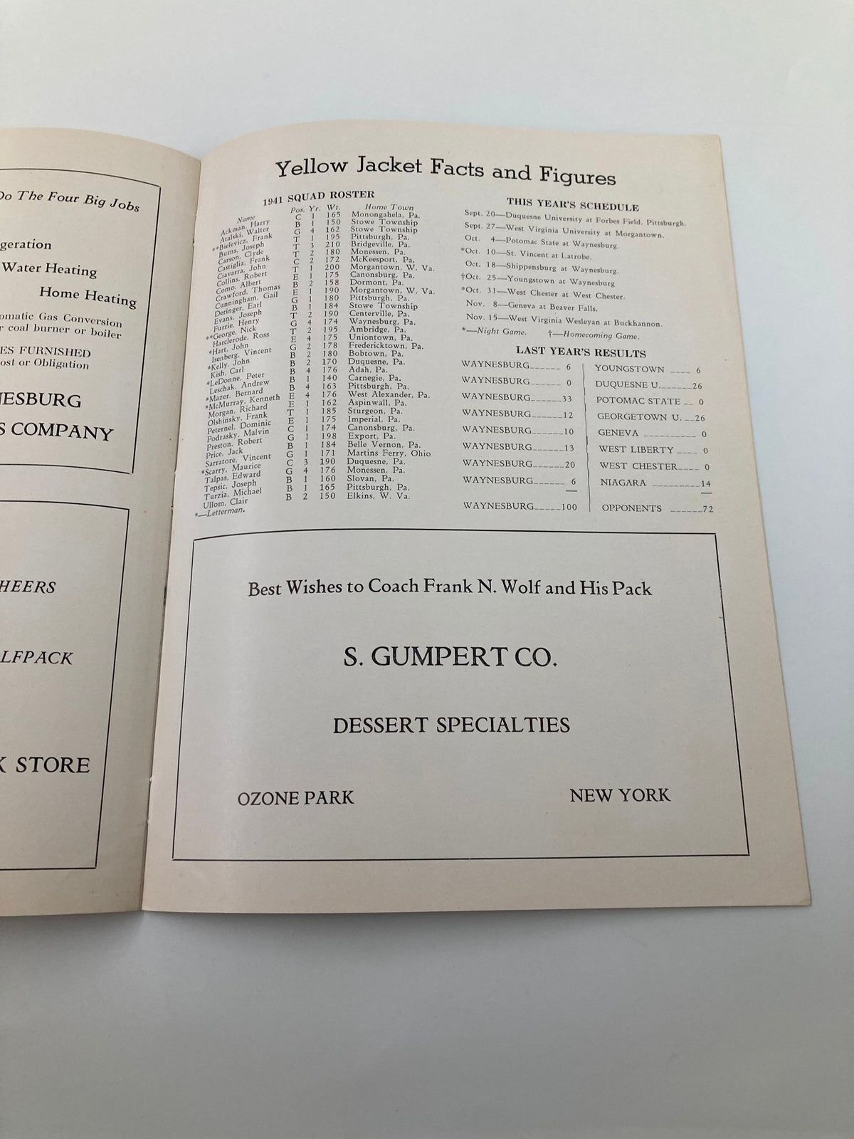 VTG October 4 1941 Football Waynesburg vs Potomac State Official Program - Page detailing Yellow Jacket stats and previous schedules, along with a local advertisement.