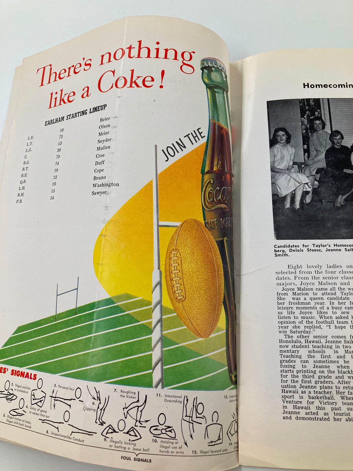 Inside view of the vintage football program 'VTG October 22 1955 Football Taylor University vs Earlham College Program' featuring a Coca-Cola advertisement and Earlham College starting lineup information.