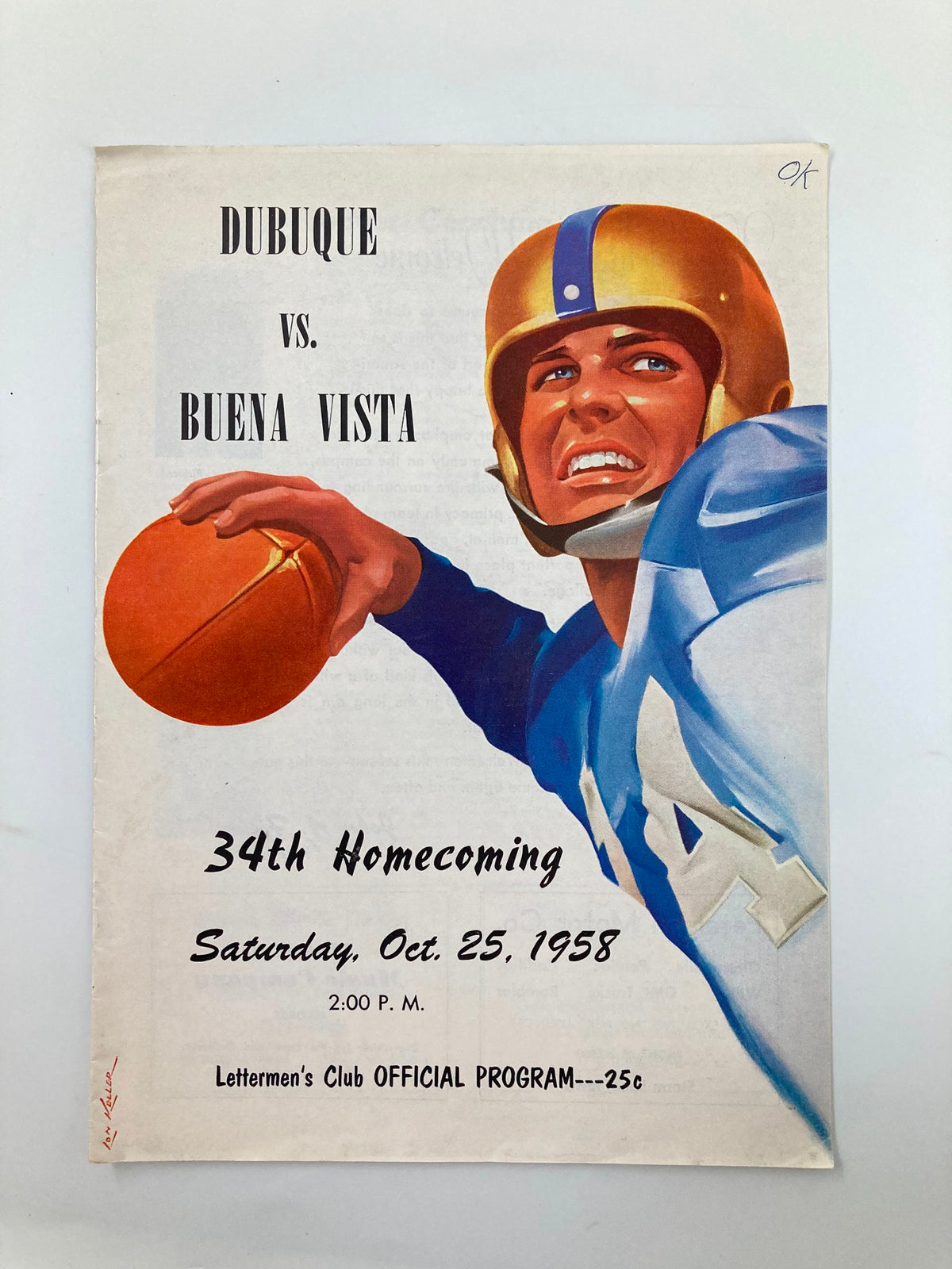 VTG October 25 1958 Football Dubuque vs Buena Vista Homecoming Official Program cover featuring an illustration of a football player in a blue uniform with a gold helmet.