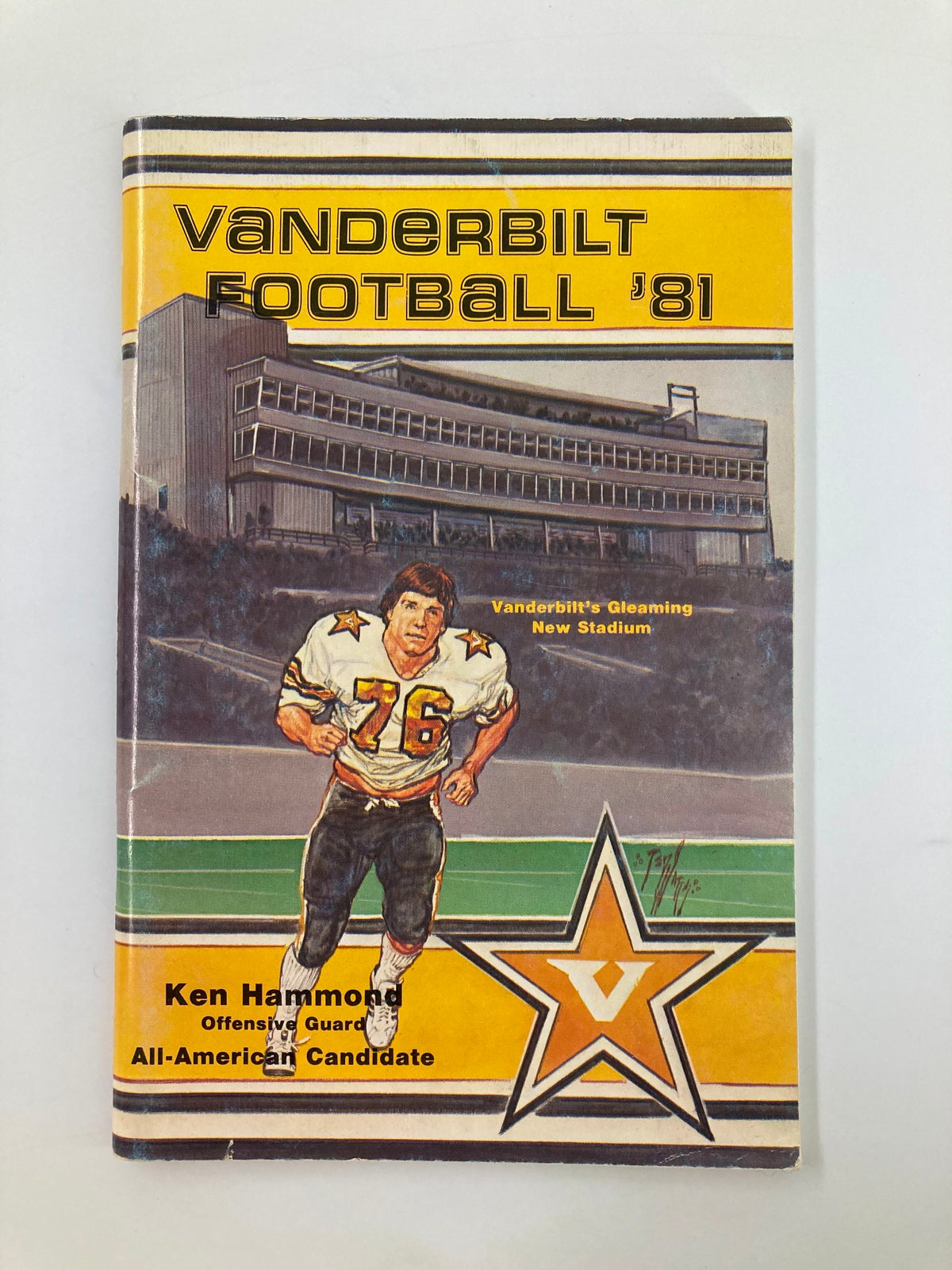 VTG 1981 Vanderbilt Football Ken Hammond All-American Candidate Program featuring an illustrated cover with player Ken Hammond and Vanderbilt's stadium.