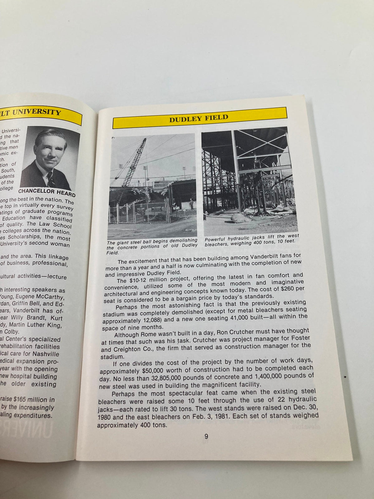Page from the VTG 1981 Vanderbilt Football Ken Hammond All-American Candidate Program showing Dudley Field construction with images of the stadium and text about the new facilities.