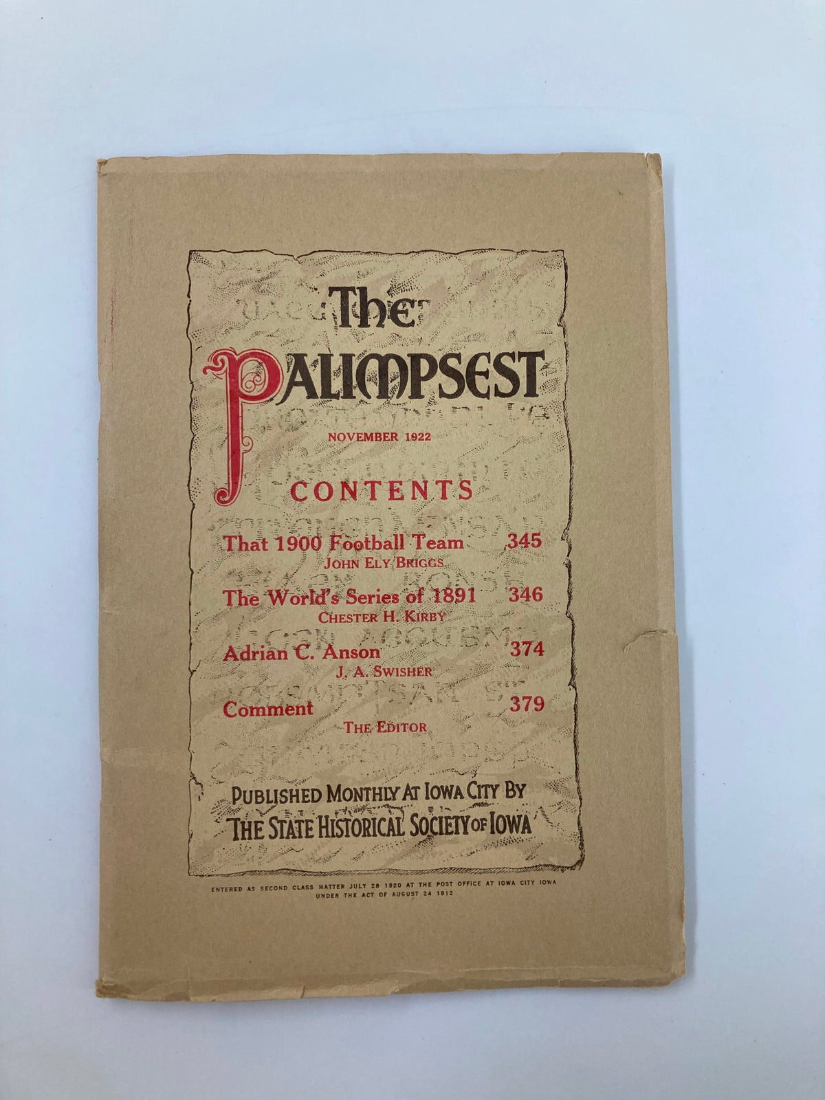Cover page of VTG November 1922 The Palimpest 1900 Football Team Program, showcasing the publication's title and contents.