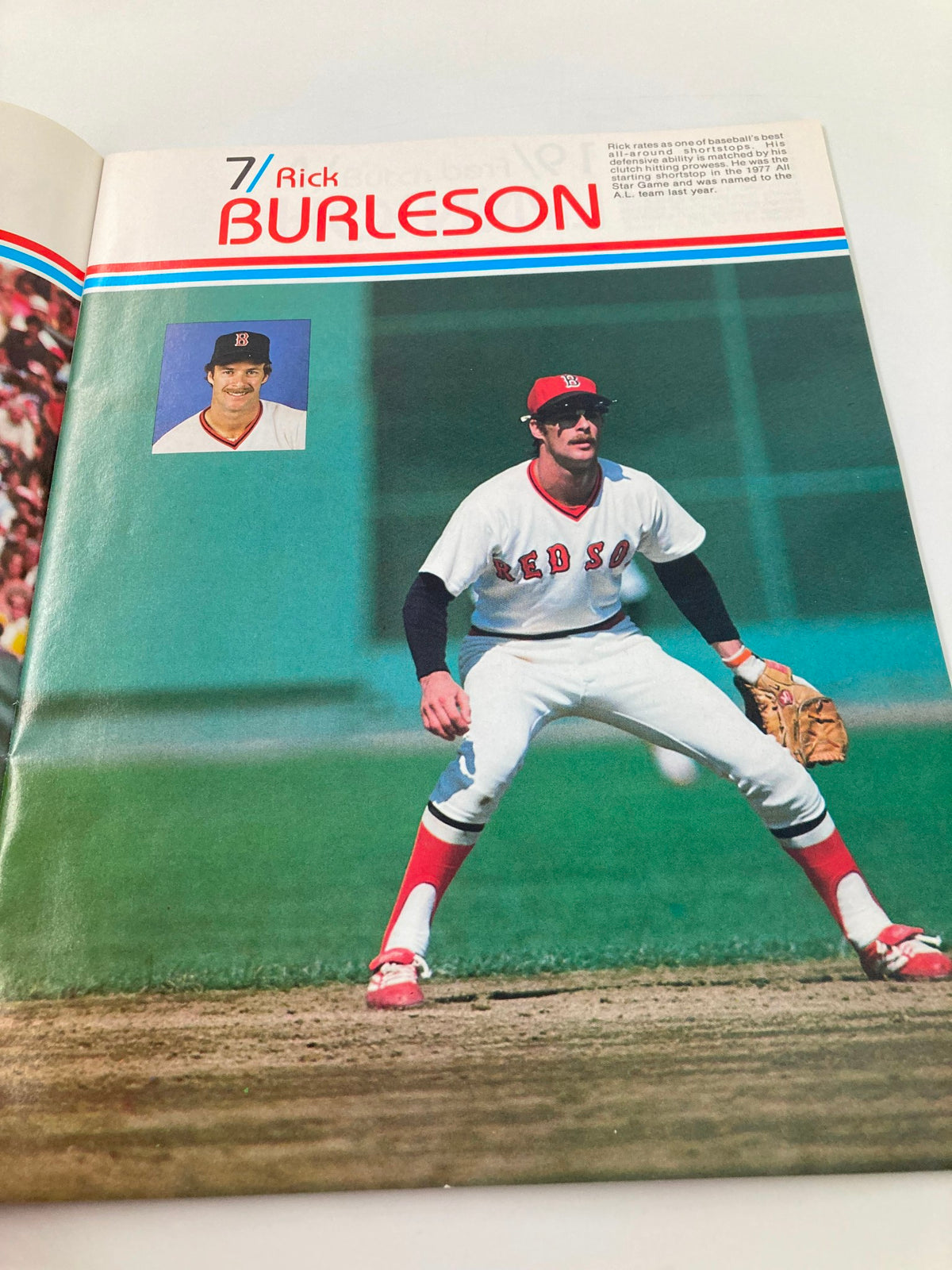 1979 MLB Boston Red Sox Official Yearbook featuring player Rick Burleson in action on the field.