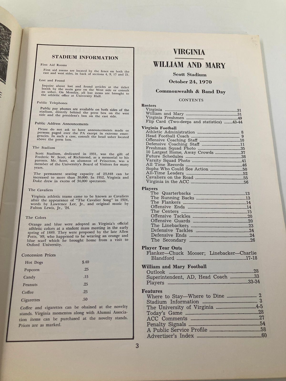 Inside page of the October 24 1970 The College Game Virginia William & Mary Scott Stadium Program detailing stadium information, including next home game and ticket prices.
