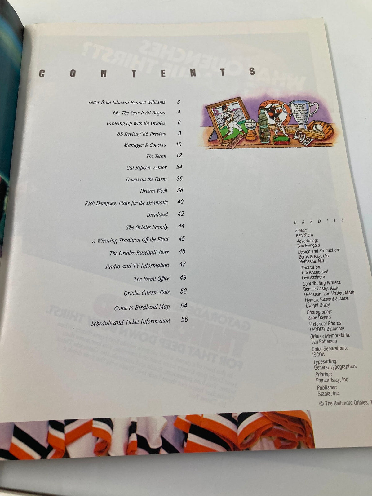 Table of contents page from the 1966 Baltimore Orioles Yearbook, outlining featured sections and highlights.
