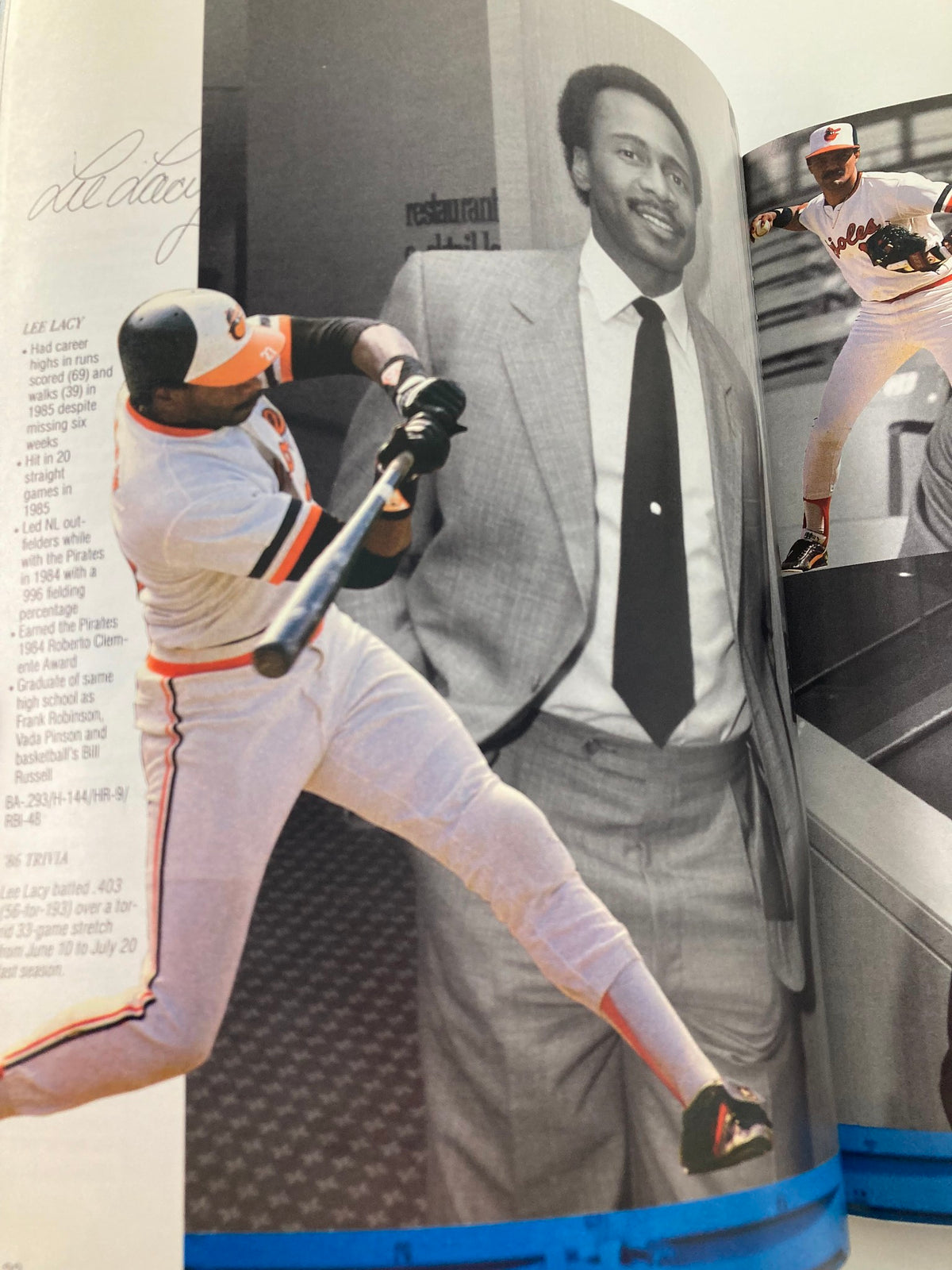 1966 Baltimore Orioles Yearbook showing Lee Lacy in a batting stance next to a formal portrait, capturing the essence of the players.