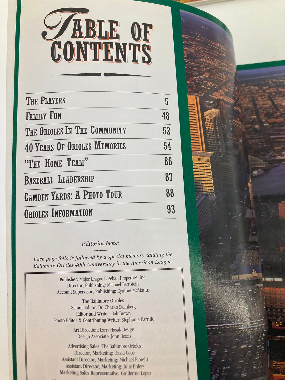 1994 Baltimore Orioles Official Yearbook 40th Anniversary Edition Table of Contents page outlining key sections including player profiles and Orioles community involvement.