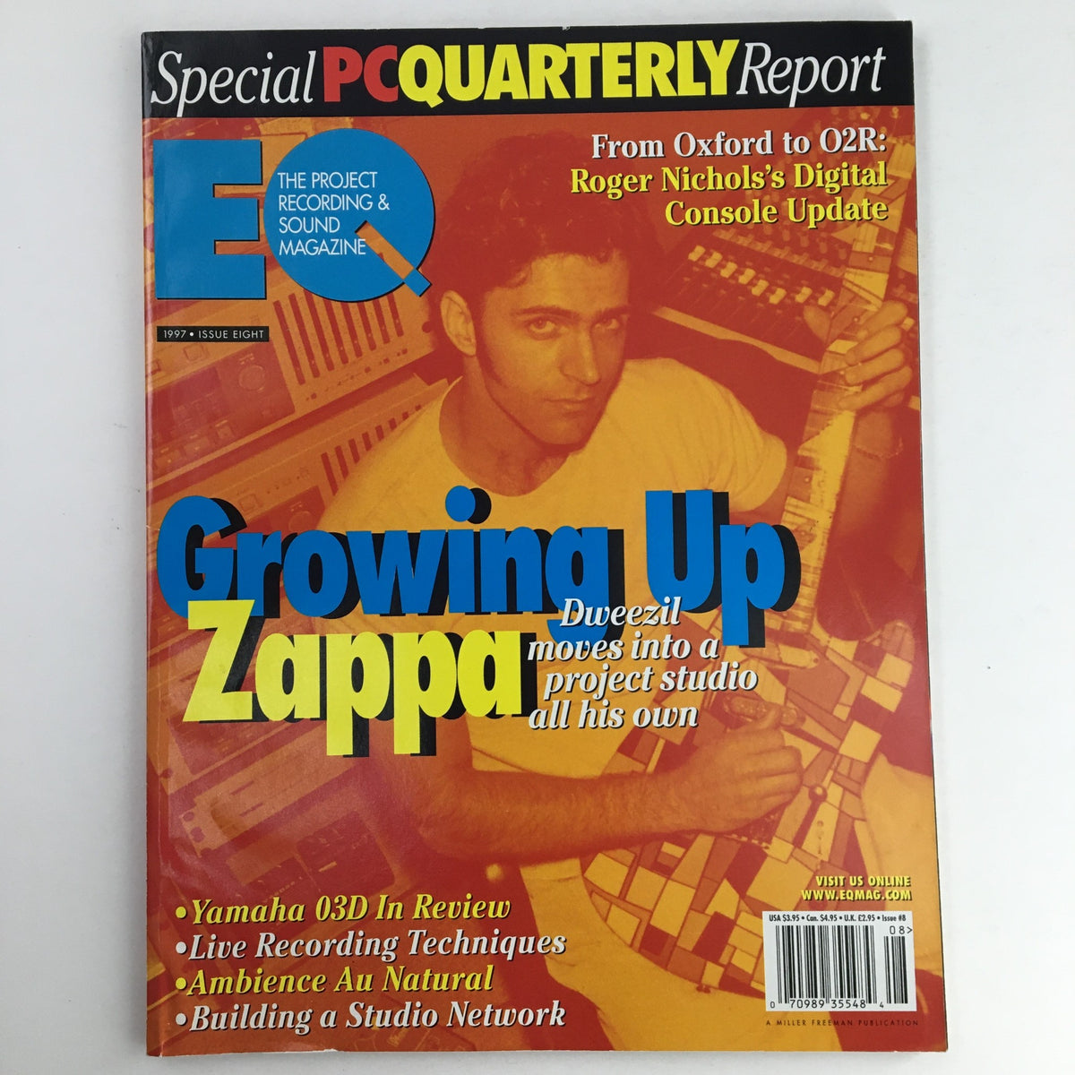 Cover of EQ Recording & Sound Magazine Vol 8 #8 August 1997 featuring Dweezil Zappa showcasing the title Growing Up Zappa, with highlights on live recording techniques and studio network building.