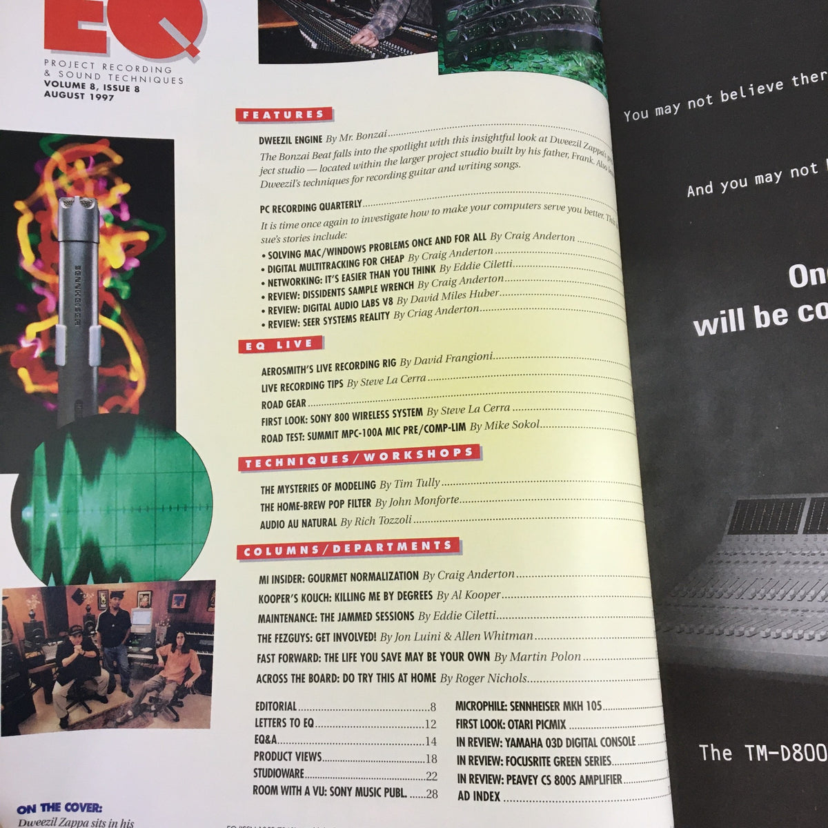 Inside page of EQ Recording & Sound Magazine Vol 8 #8 August 1997, featuring a table of contents with articles on Dweezil Zappa, live recording tips, and audio production techniques.