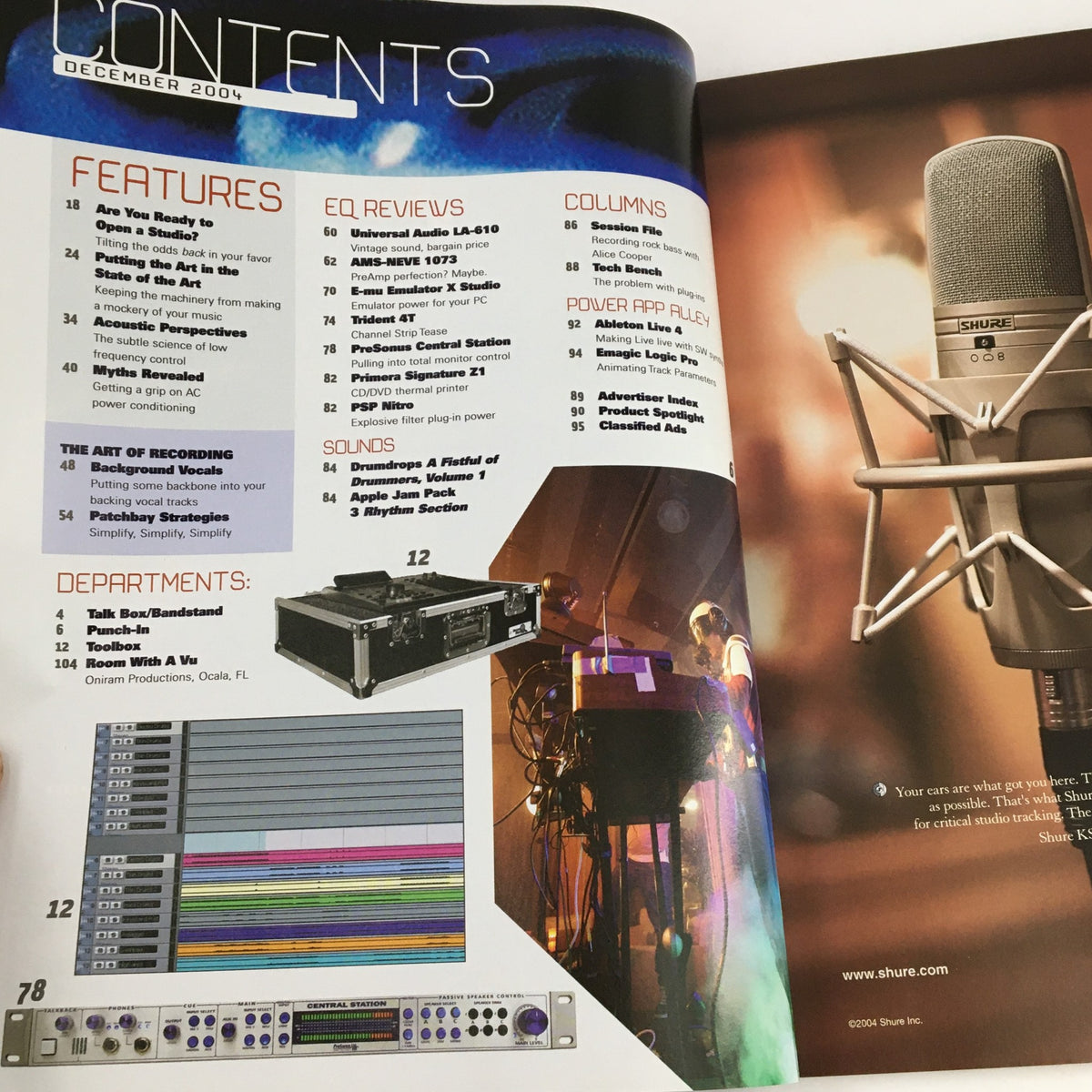 Contents page of EQ Recording Magazine December 2004 detailing features including the Universal Audio LA-610 and other recording insights.
