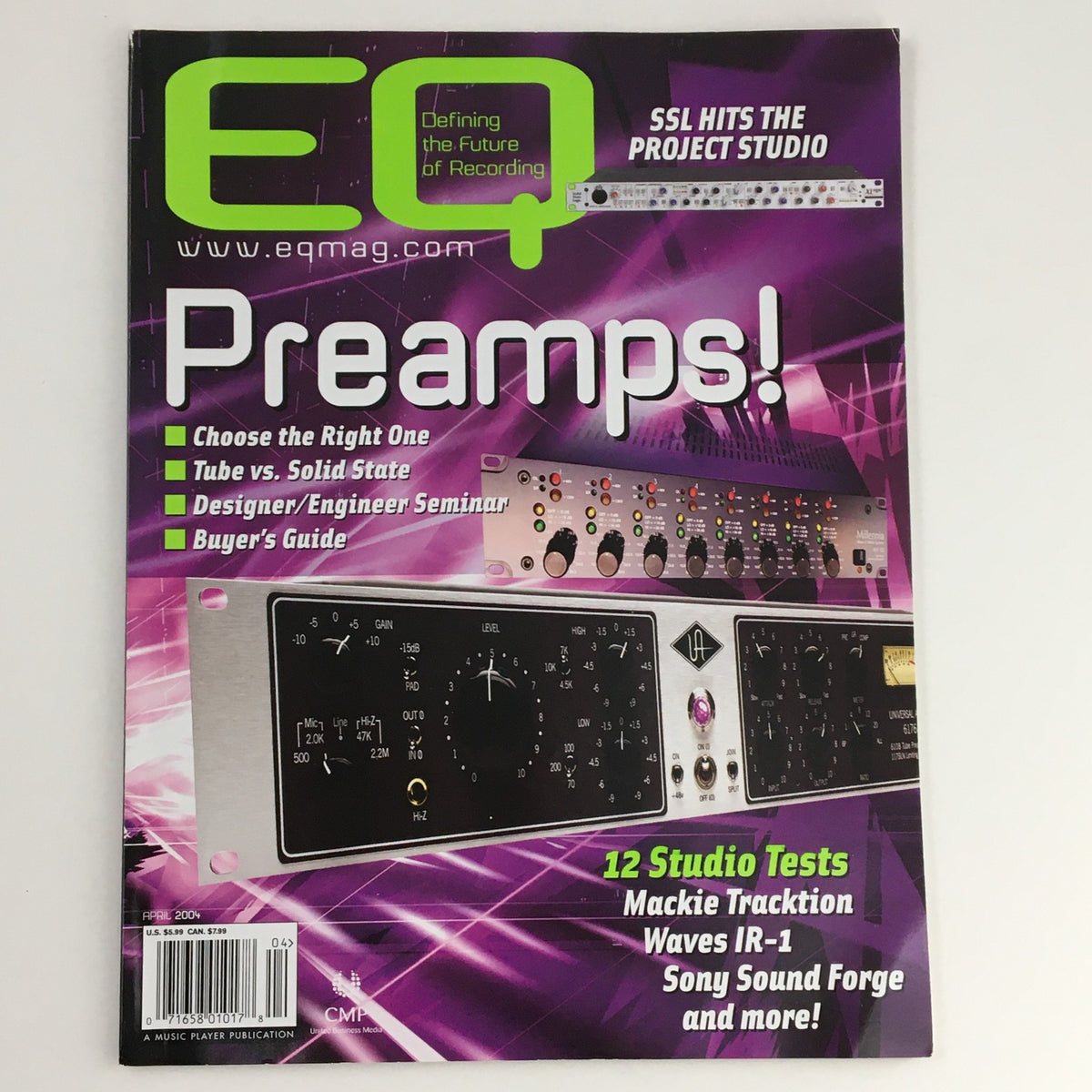 EQ Recording Magazine April 2004 cover featuring articles on Mackie Tracktion, Waves IR-1 tests, and recording equipment. Highlights include a buyer's guide and studio tests, with a vibrant design emphasizing preamps.