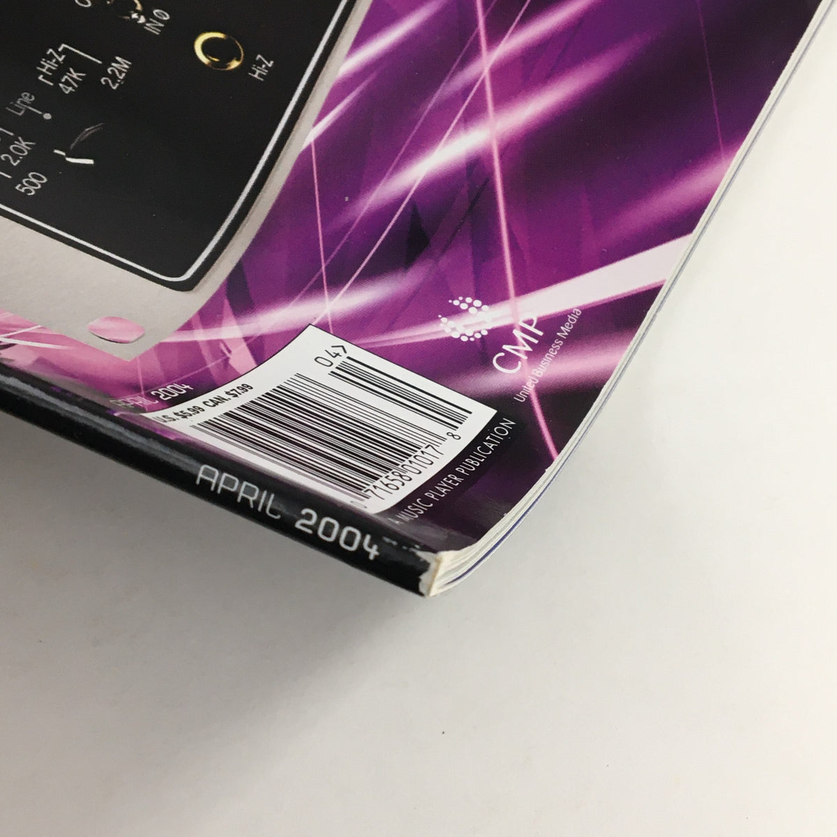 Close-up of EQ Recording Magazine April 2004 showing the spine with publication date and minimal wear, featuring Mackie Tracktion & Waves IR-1 Tests.