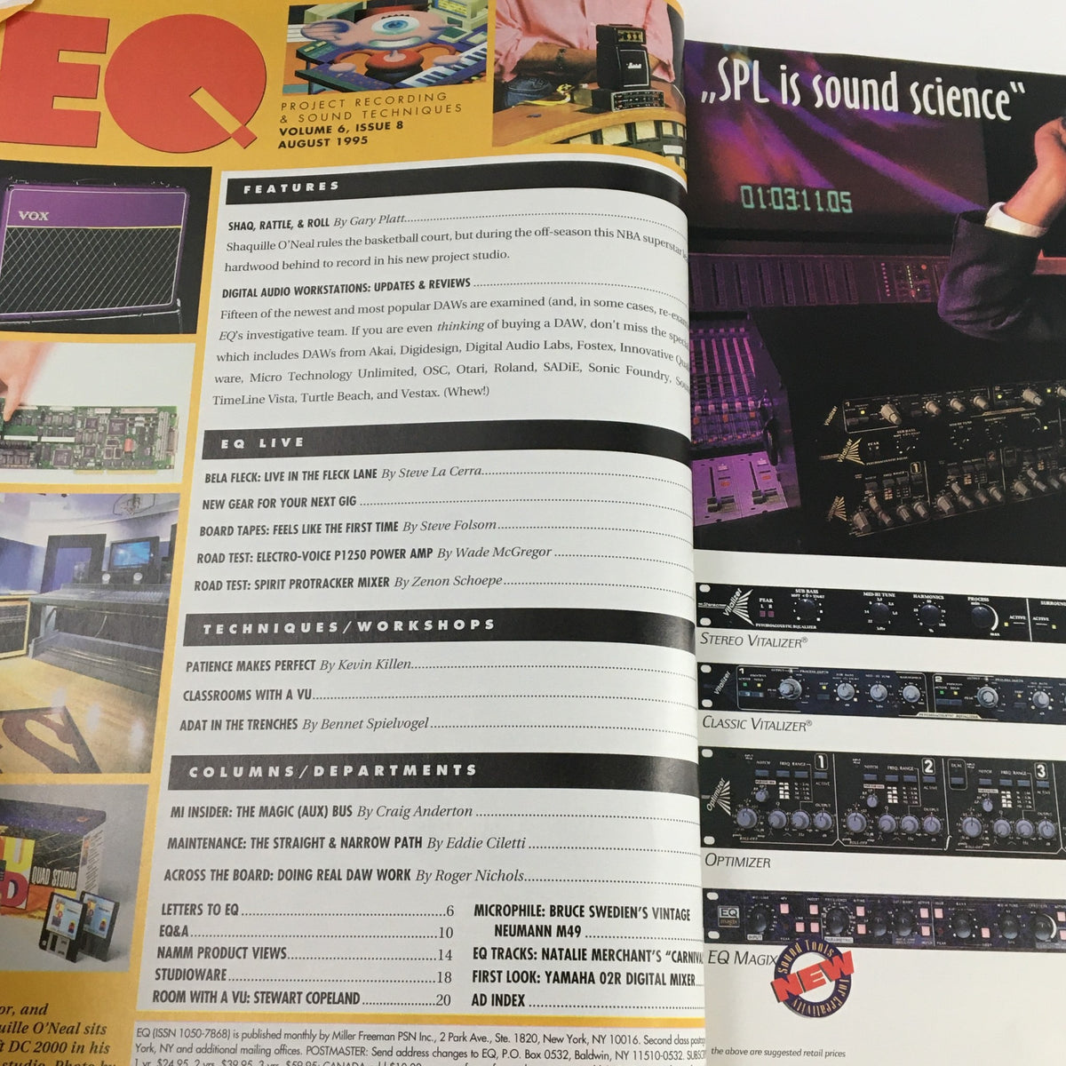 Inside spread of EQ Recording & Sound Magazine Vol 6 #8 August 1995, detailing features and articles related to music production and technology.