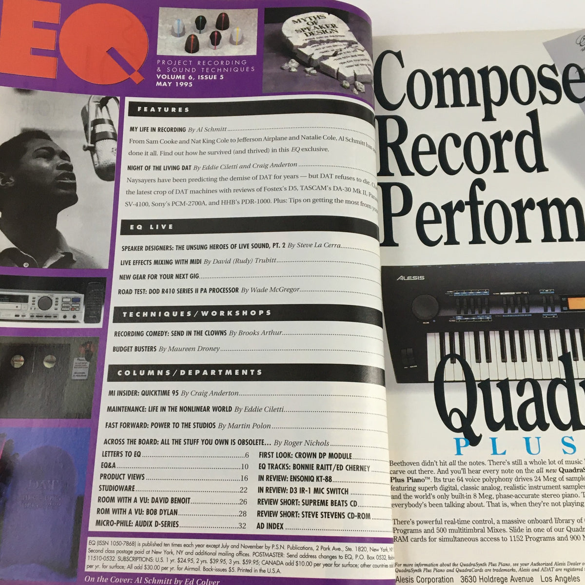 Inside pages of EQ Recording & Sound Magazine Vol 6 #5 May 1995, highlighting features including interviews with Al Schmitt and reviews of audio equipment.