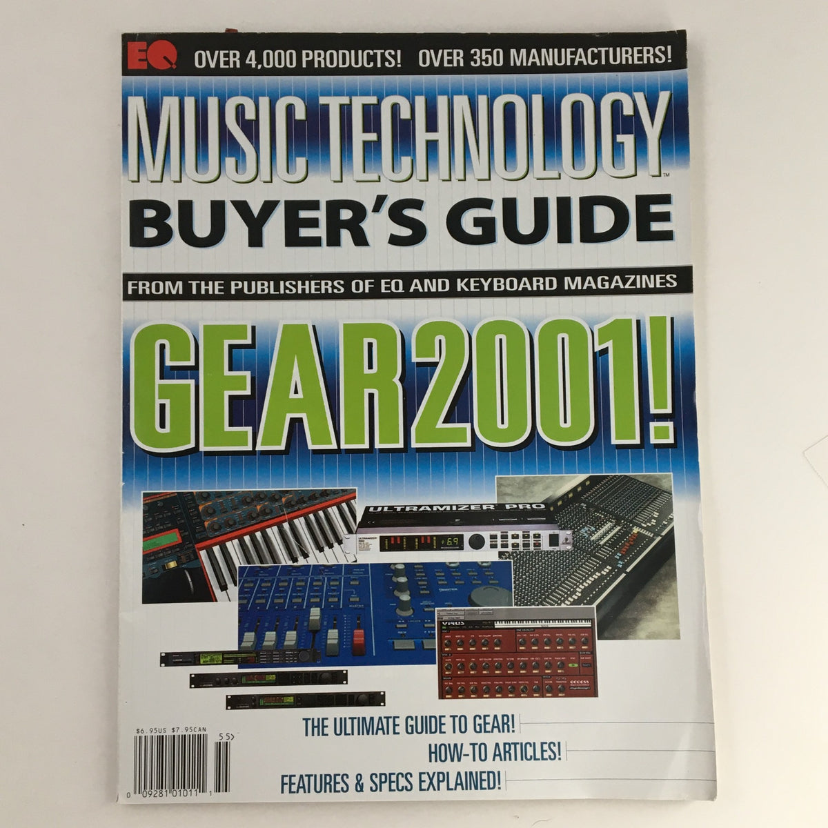 Cover of EQ Music Technology Buyer's Guide 2001: The Ultimate Guide To Gear, showcasing various music equipment, synthesizers, and production technology. Ideal for musicians and sound engineers.