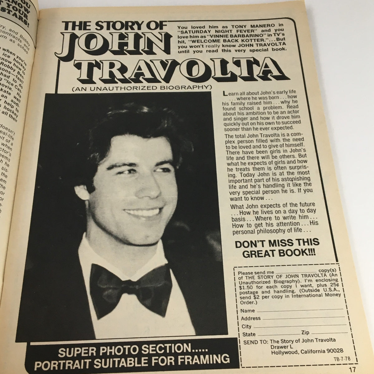 Page from Tiger Beat Magazine July 1978 featuring an unauthorized biography of John Travolta, complete with promotional details.