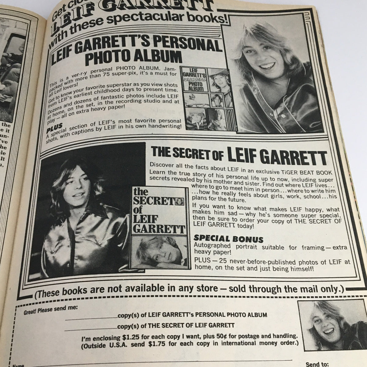 Tiger Beat Magazine July 1978 featuring an advertisement for Leif Garrett's personal photo album and secrets revealing his life.