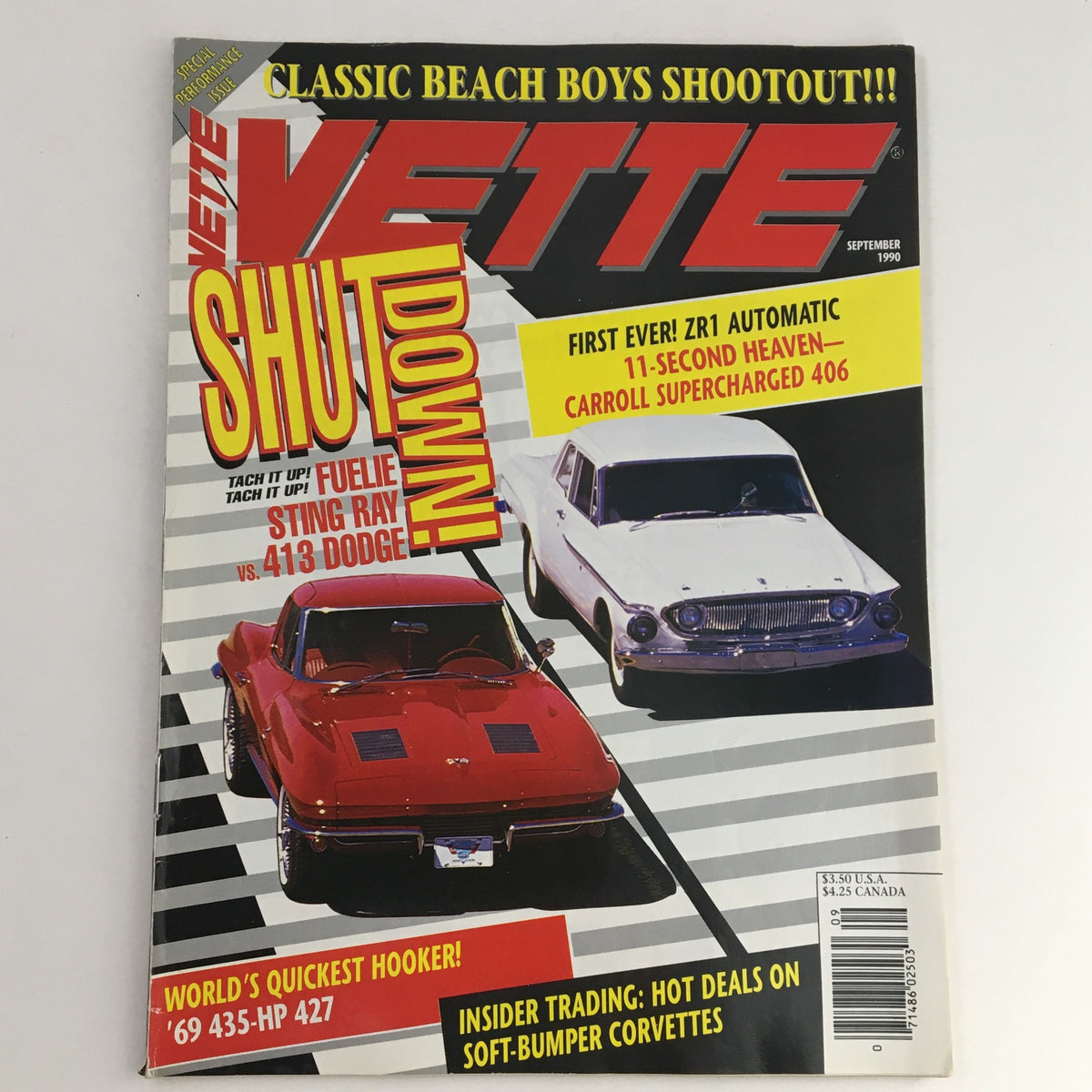 Vette Magazine September 1990 showcasing a thrilling comparison of the Fuelie Sting Ray vs The 413 Dodge, featuring a vibrant cover with classic car imagery and retro design.