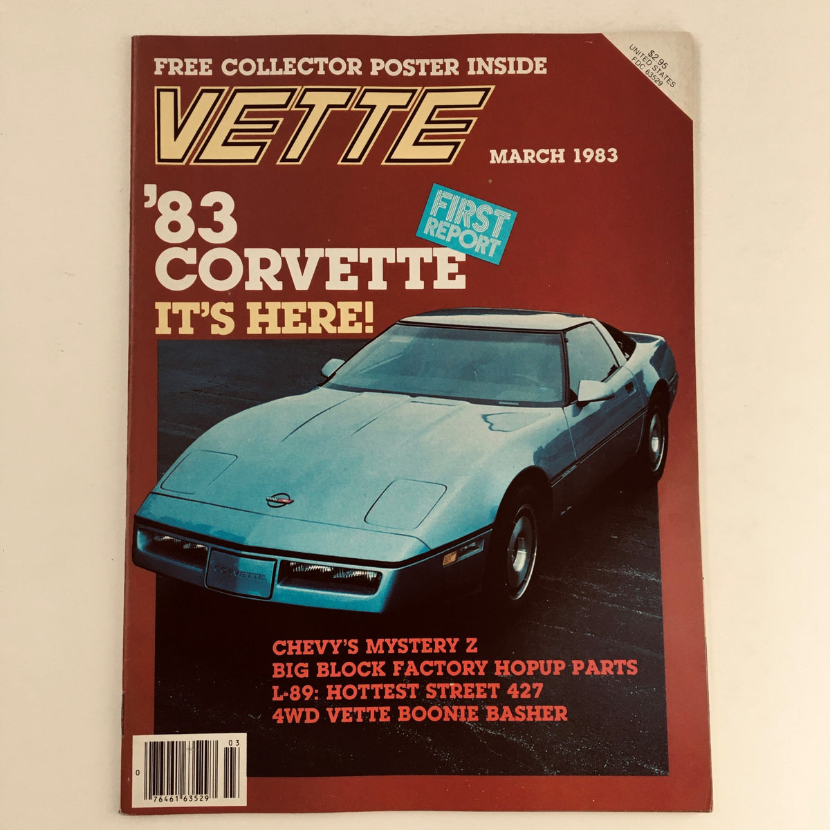 Vette Magazine March 1983 cover featuring a light blue Corvette with the title 'Vette' prominently displayed, highlighting '83 Corvette, Chevy's Mystery Z, Big Block Factory Hopup Parts, and more in a nostalgic automotive context.