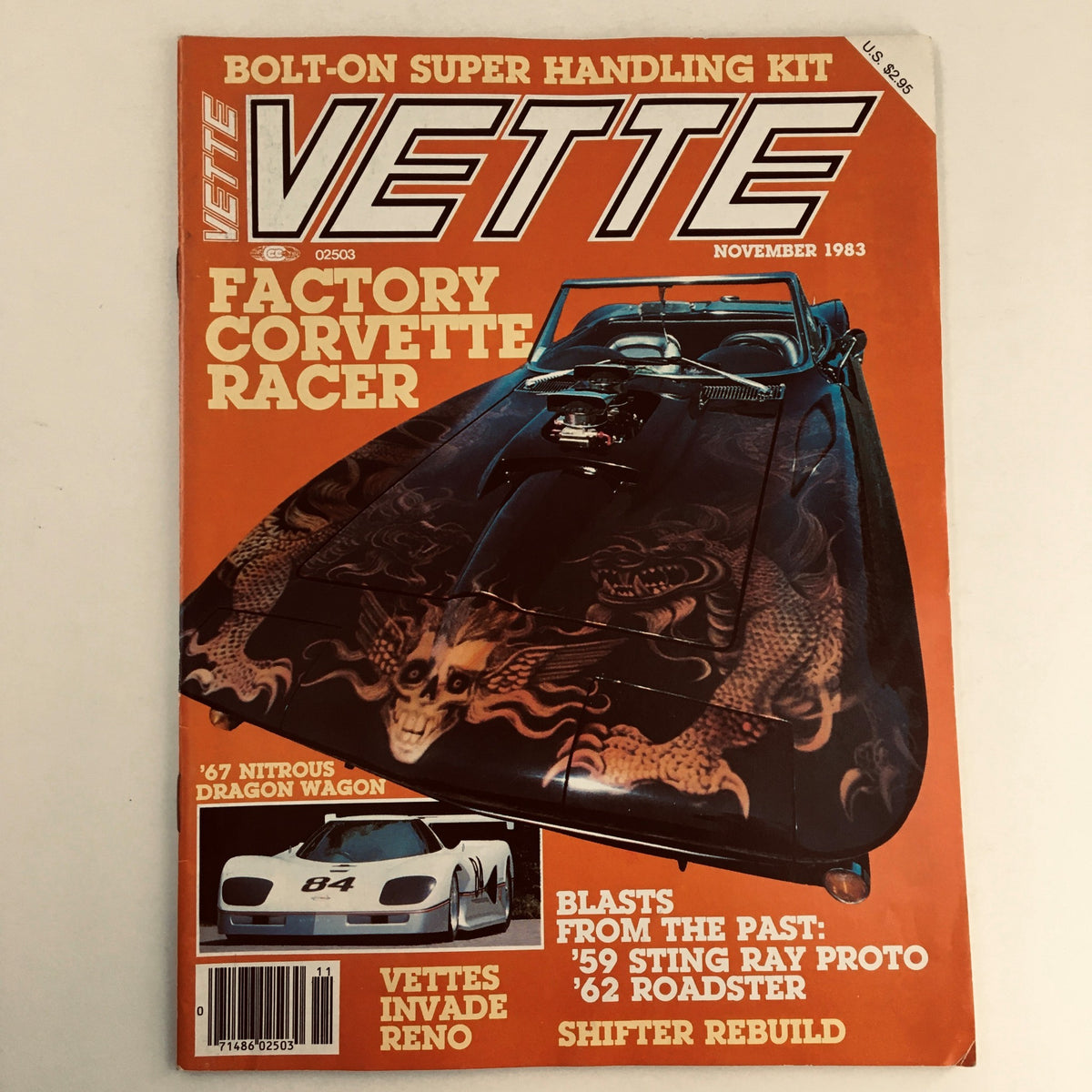 Vette Magazine November 1983 featuring Factory Corvette Racer and Shifter Rebuild on its cover with a striking image of a custom Corvette and insights into classic automotive culture.