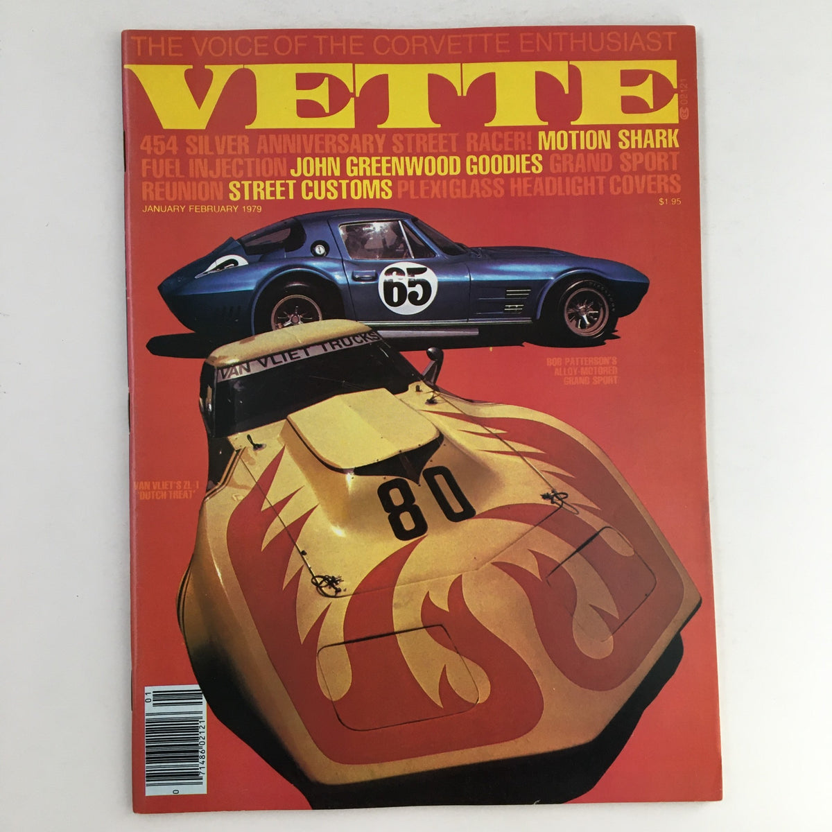 Cover of Vette Magazine January 1979 featuring Bob Patterson's Alloy-Motored Grand Sport with two iconic Corvette models, showcasing vintage automotive culture and design.