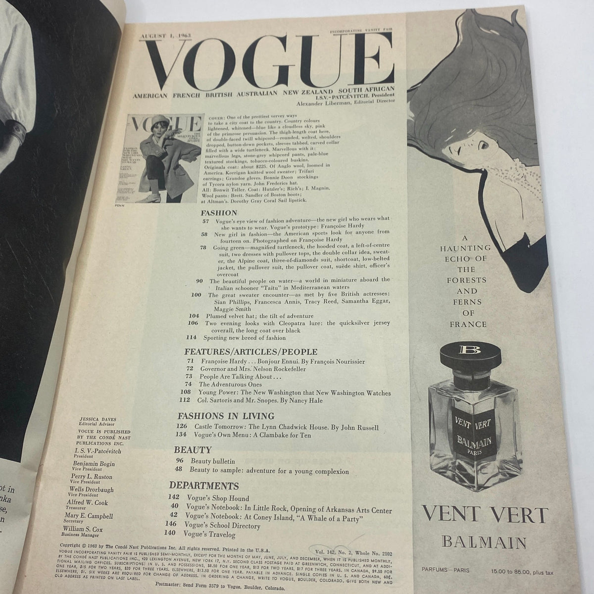 Interior page of VTG Vogue Magazine August 1 1963 featuring fashion articles and layout with the cover model Wilhelmina Cooper. This page includes fashion details and advertisements reflective of 1960s style.