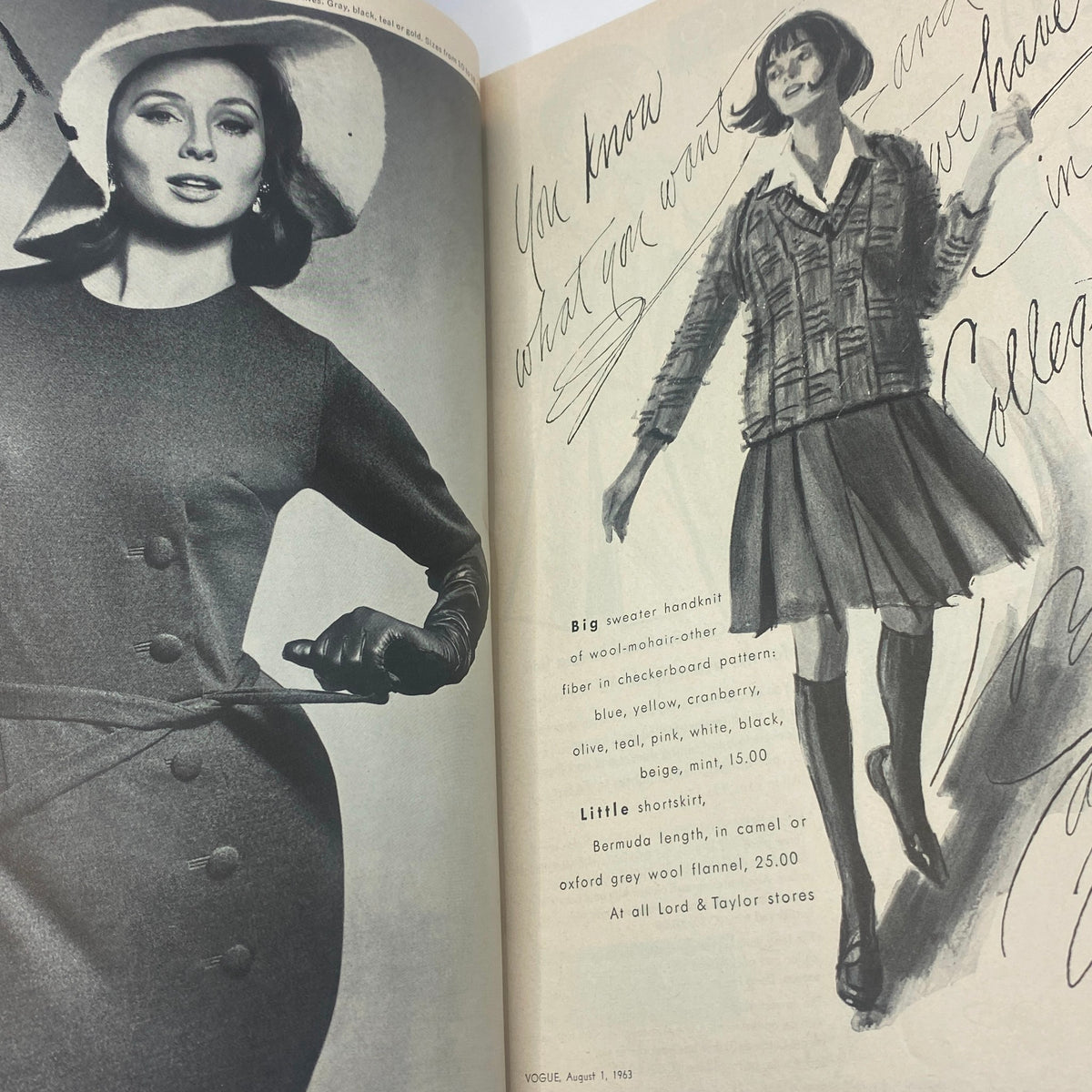 VTG Vogue Magazine August 1 1963 featuring elegant fashion illustrations and vintage styles, showcasing models wearing wool and mohair outfits with distinctive accessories.