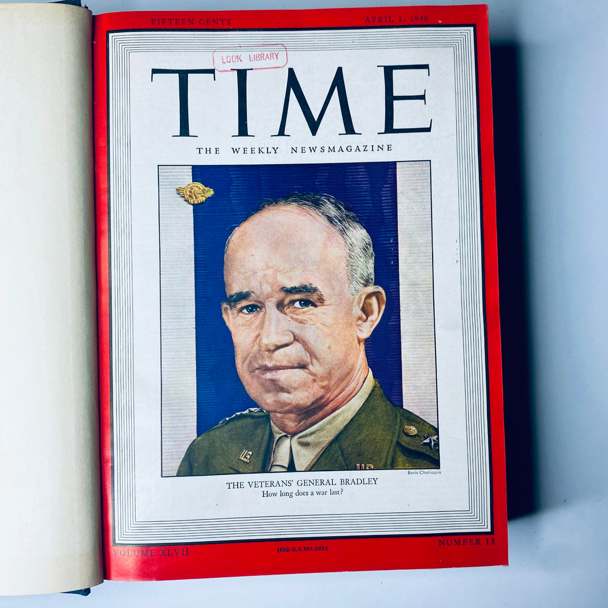 Cover of Time Magazine, April 1, 1946 featuring General Omar Bradley, titled 'The Veterans' General Bradley - How long does a war last?'. Part of the Time Magazine Library Bound Collection April 1 - June 24, 1946.