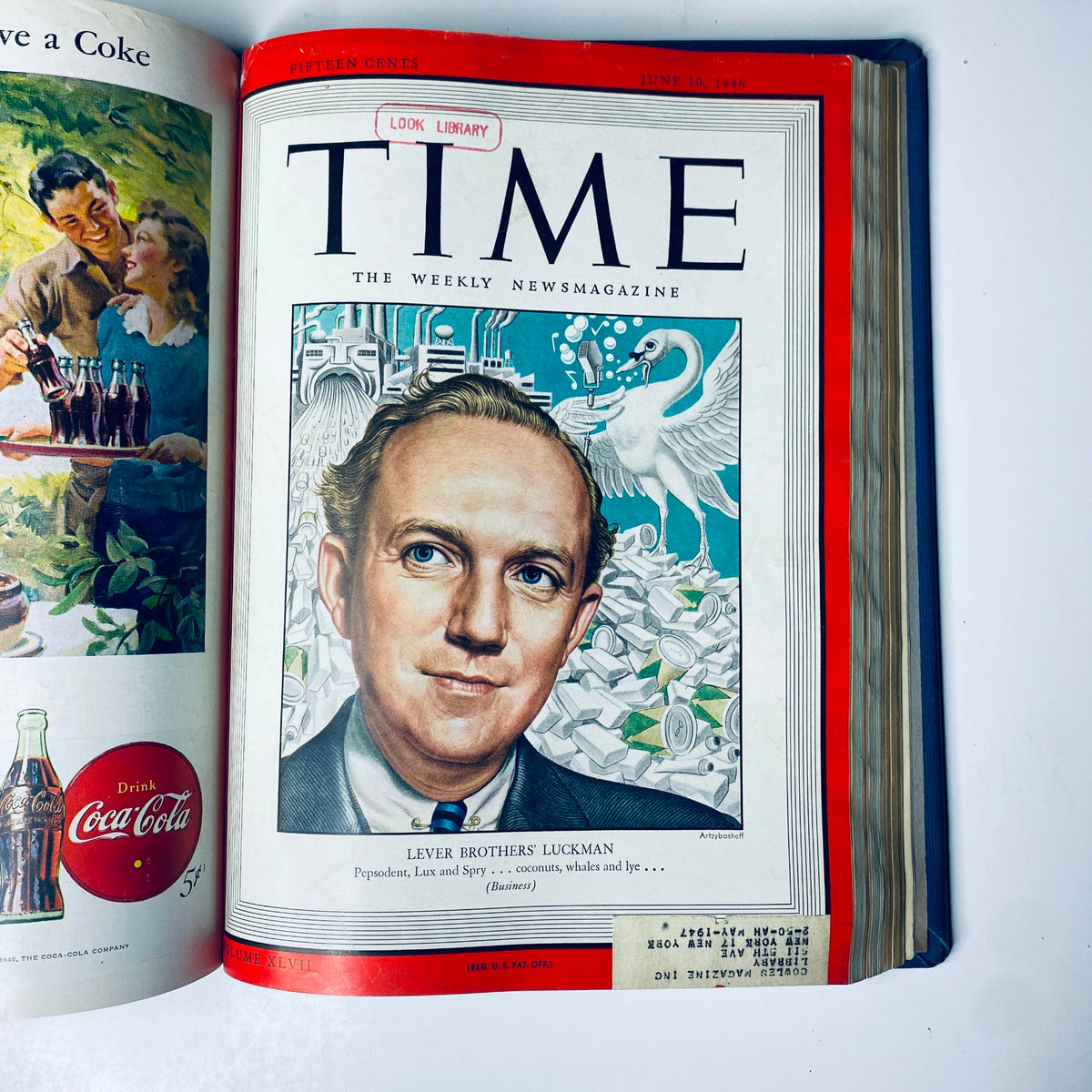 Time Magazine Library Bound April 1, 1946 - June 24, 1946 showcasing the cover of Lever Brothers' Luckman, dated June 10, 1946.