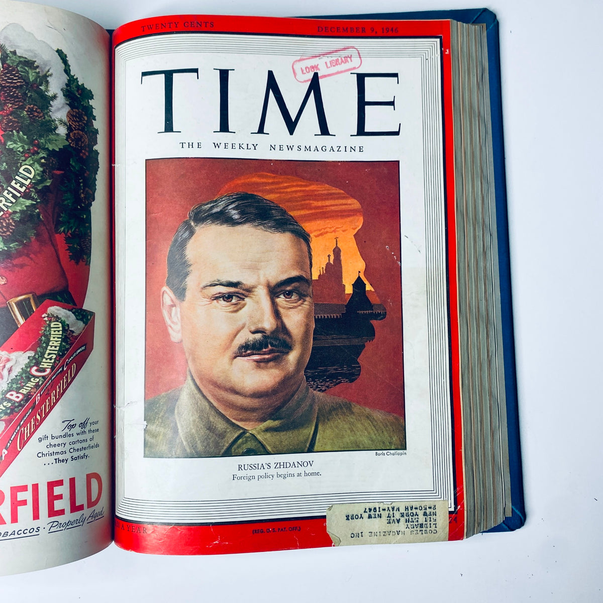 Time Magazine Library Bound Weekly - December 9, 1946 issue showcasing Andrei Zhdanov, a prominent Soviet politician, with a backdrop of the Kremlin.
