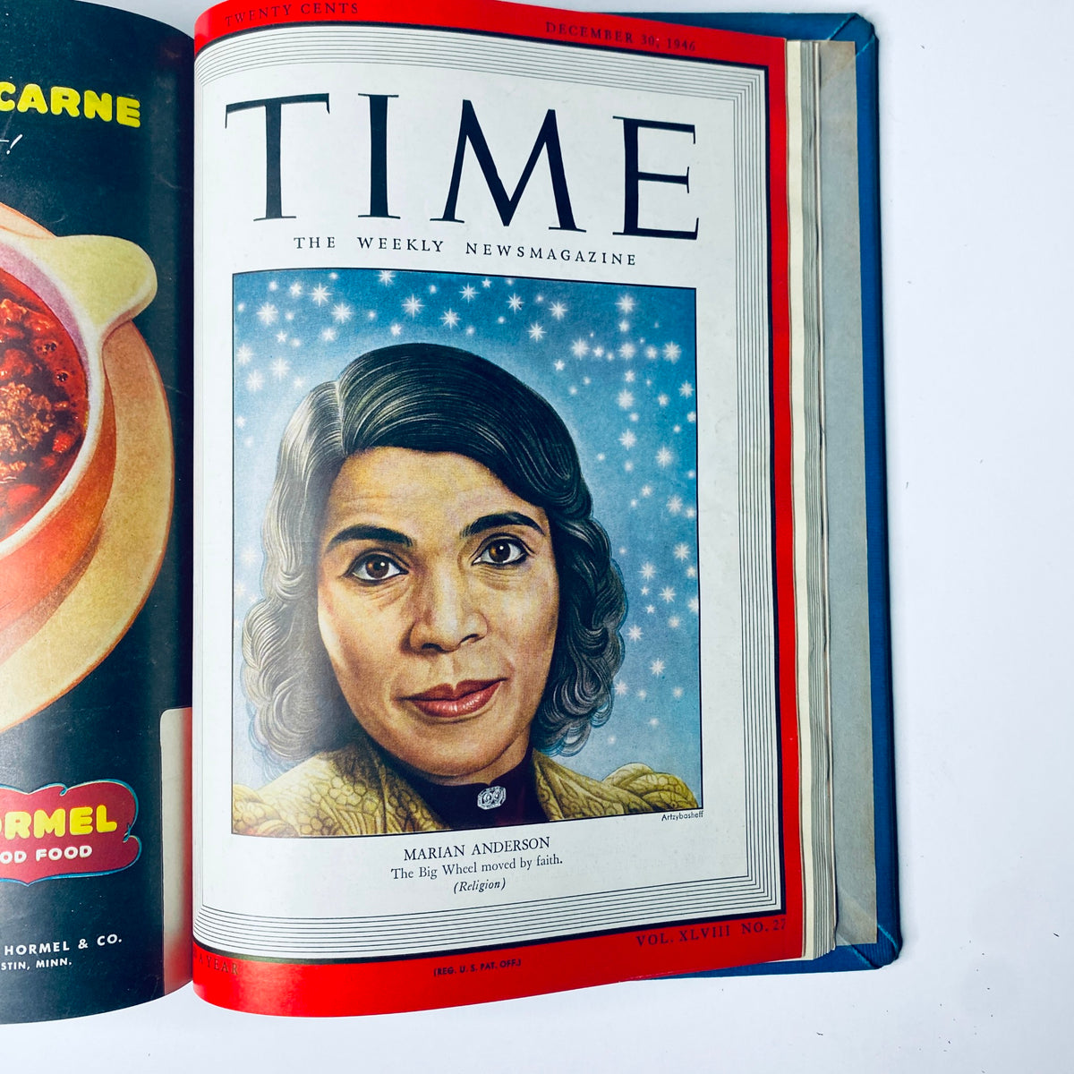 Time Magazine Library Bound Weekly - December 30, 1946 issue presenting Marian Anderson, celebrated contralto and civil rights icon, with a snowy starry background.