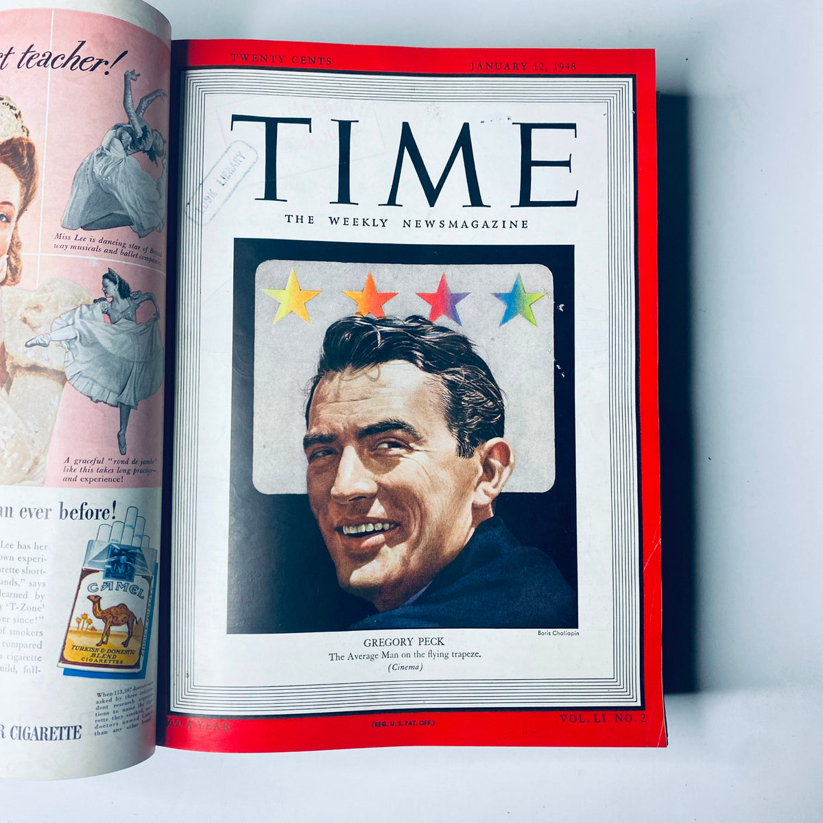 Page of Time Magazine Library Bound Weekly January 5, 1948 - March 29, 1948, featuring the cover of the January 12, 1948 issue highlighting Gregory Peck.