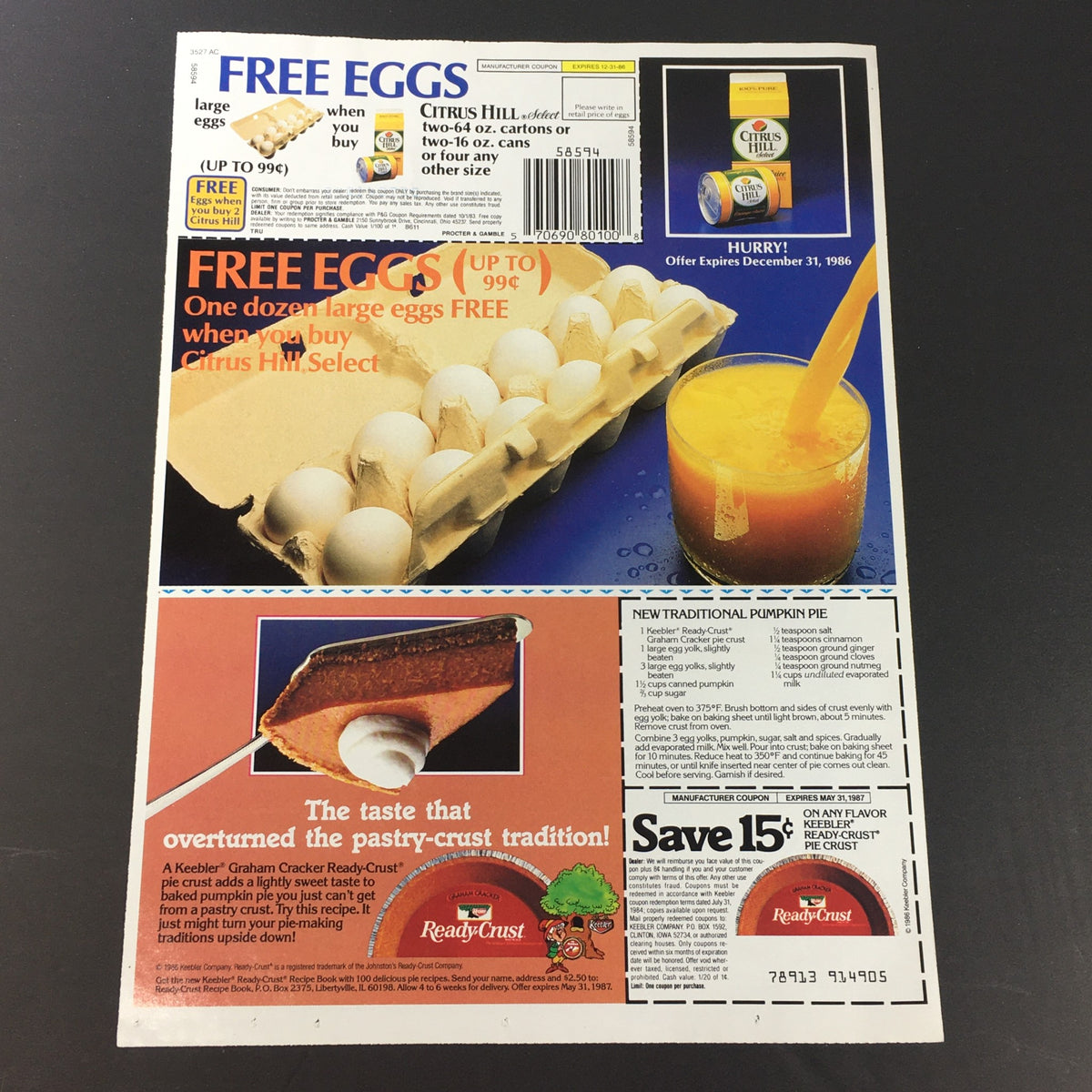 Back of the Retro 1987 Nestle Quick Chocolate Flavor Powder Milk Print Ad displaying a promotional offer for free eggs and savings on a pumpkin pie.