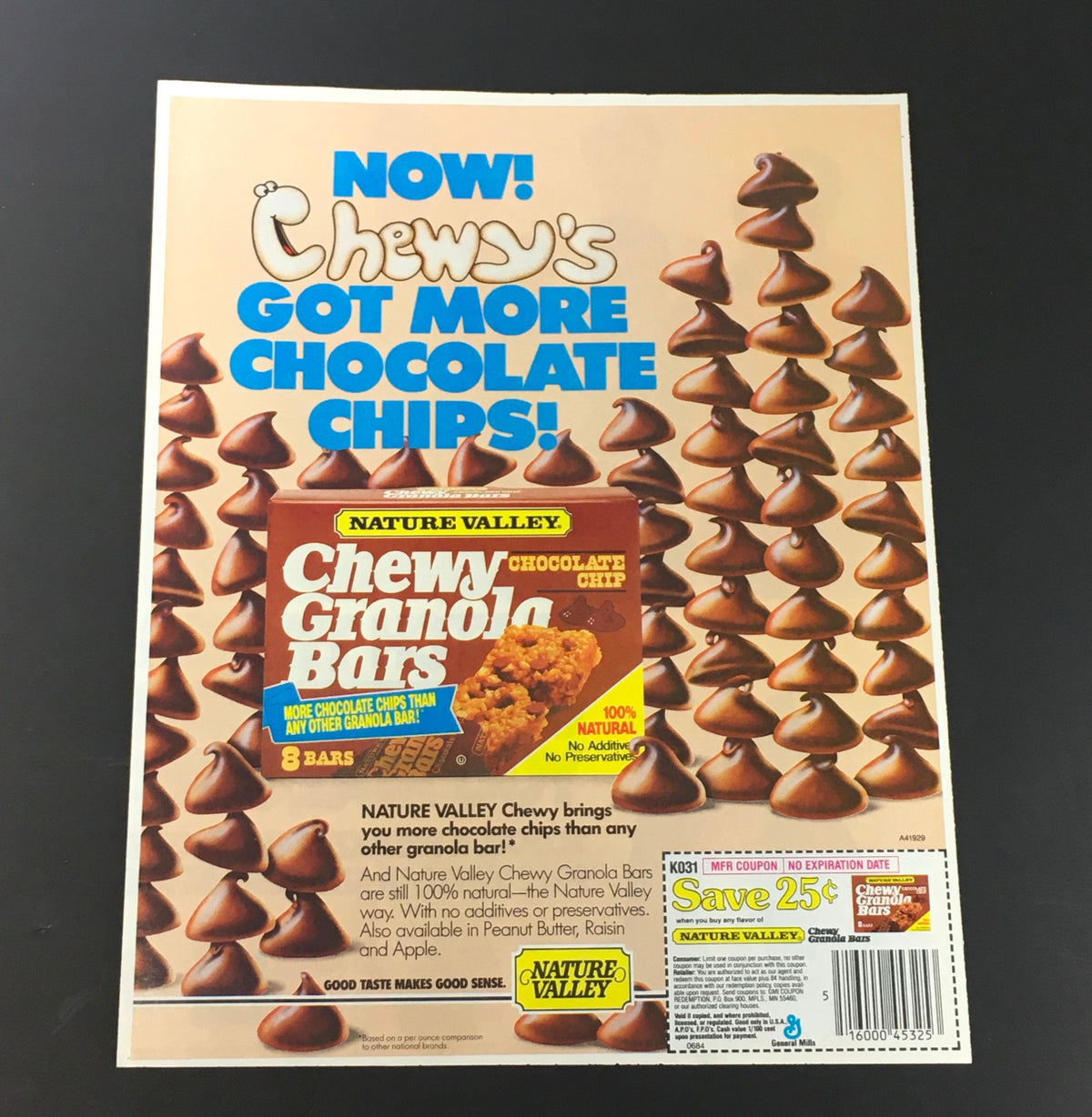 VTG Retro 1989 Coca-Cola advertisement for Nature Valley Chewy Granola Bars, showcasing chocolate chips and promotional offers in a colorful layout.