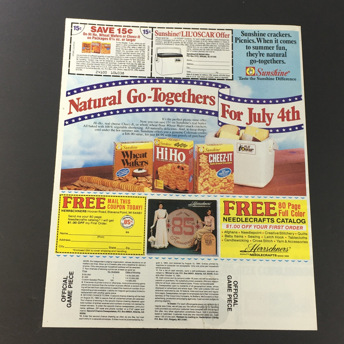 VTG Retro 1989 Coca-Cola ad highlighting Sunshine snacks for July 4th, featuring Hi Ho Wheat Wafers and Cheez-Its with special promotional offers.