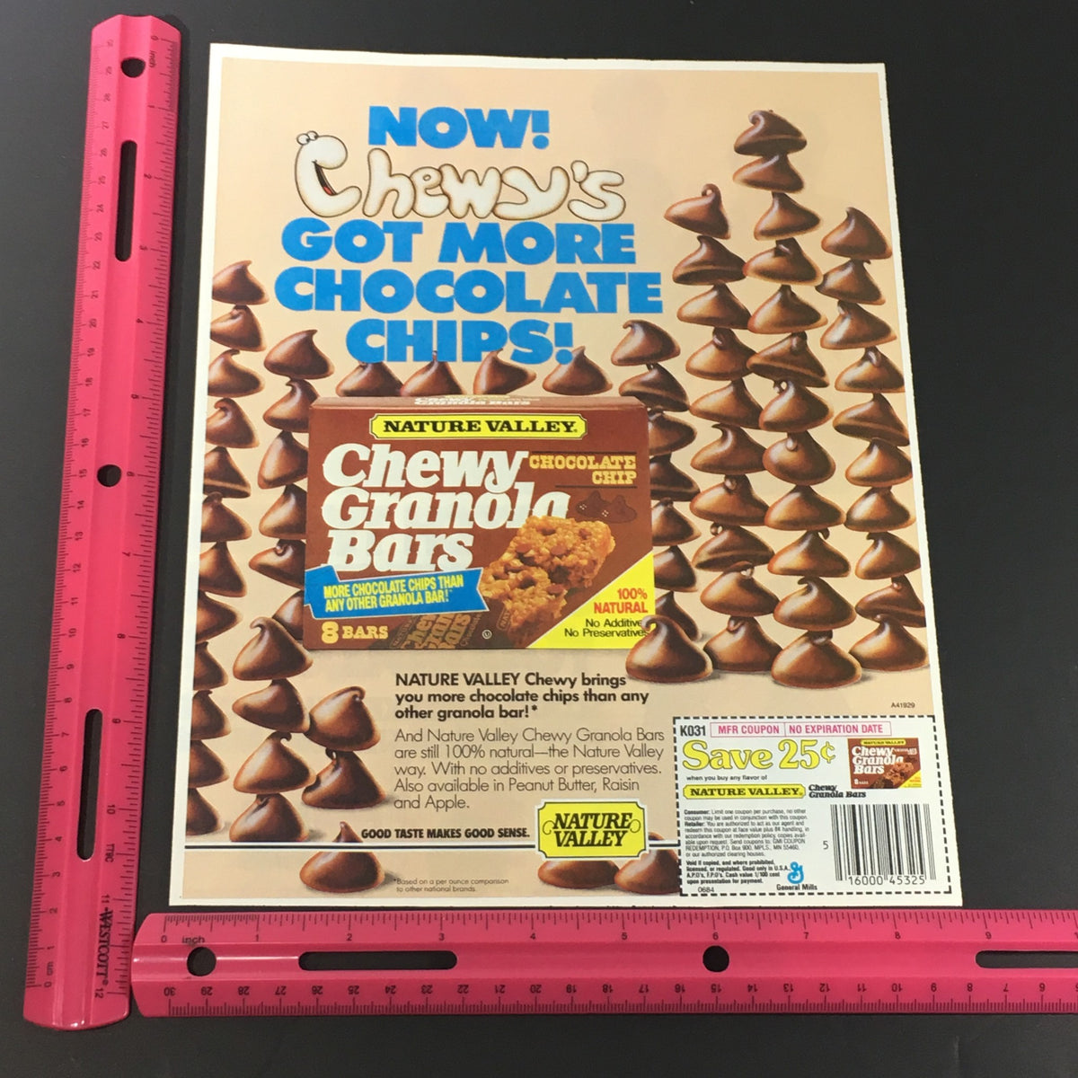 VTG Retro 1989 Coca-Cola advertisement for Nature Valley Chewy Granola Bars, emphasizing more chocolate chips, with a colorful and engaging design.
