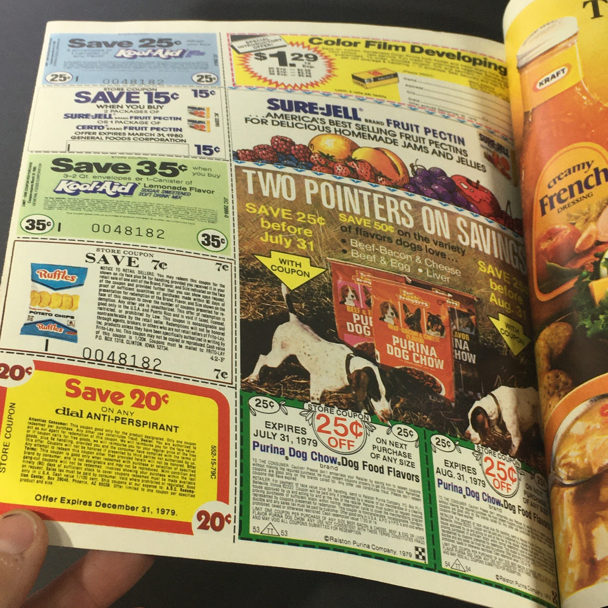 Advertisement showcasing various grocery coupons including Kool-Aid and Ruffles, emphasizing budget-friendly savings, typical of 1980's consumer marketing culture.