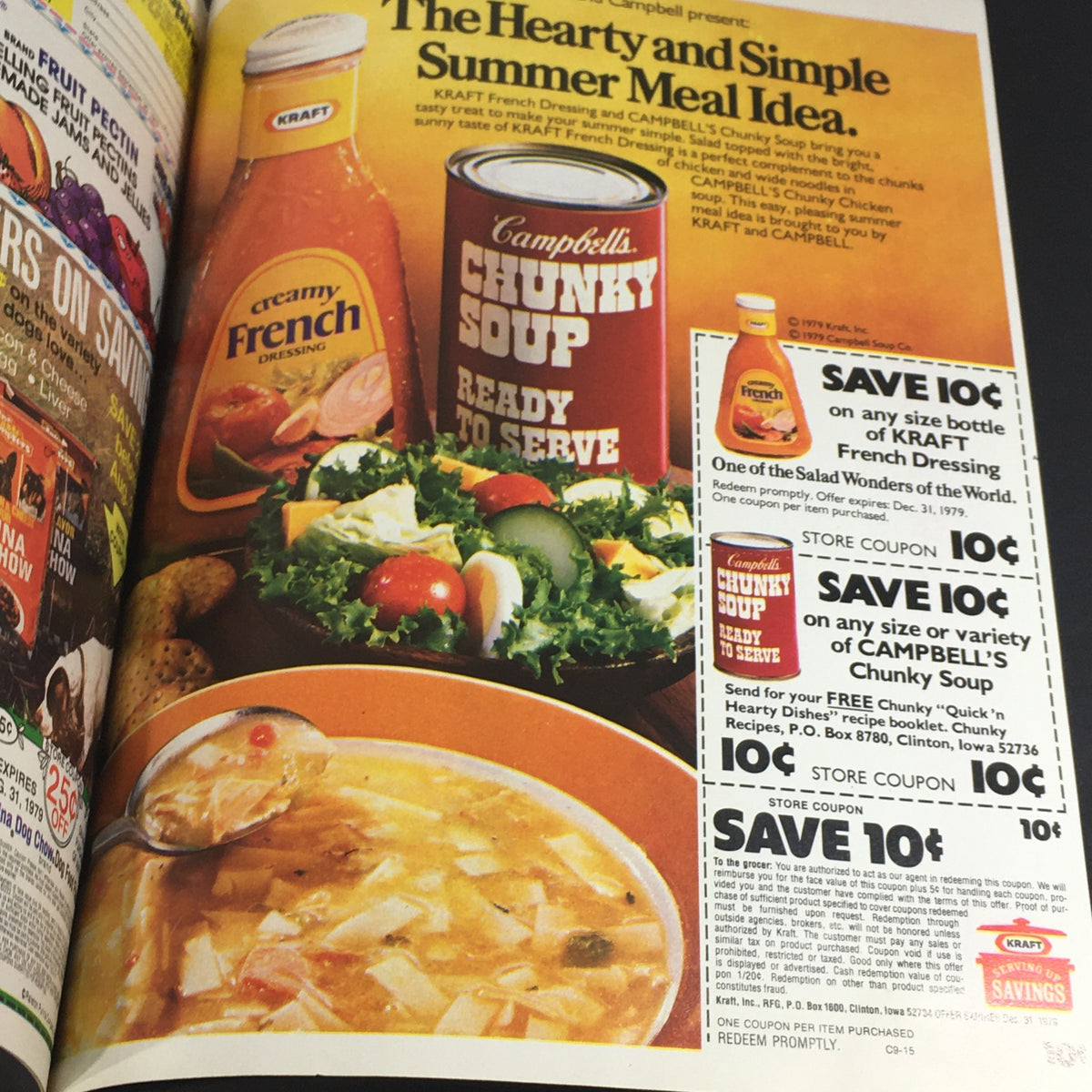 Vintage advertisement for Kraft French dressing and Campbell's Chunky Soup with savings coupons, capturing the essence of 1980's summer meal promotion.
