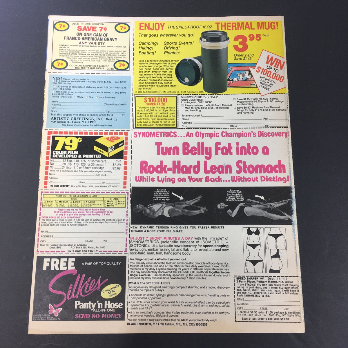 Vintage advertisement featuring various coupons including a 7-cent discount on Franco-American gravy, a spill-proof thermal mug for $3.95, and a fitness product advertisement. Part of the VTG 1980 Johnson Wax BeFresh Toilet Deodorizer & Shout Stain Remover Ad Coupon collection.