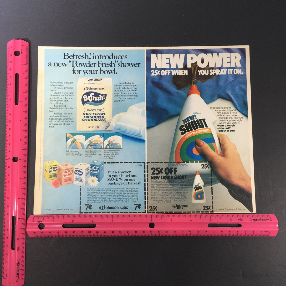 Advertisement showcasing Johnson Wax's BeFresh Toilet Deodorizer and New Shout stain remover with discounts, reflecting the marketing style of the 1980s. Part of the VTG 1980 Johnson Wax BeFresh Toilet Deodorizer & Shout Stain Remover Ad Coupon collection.