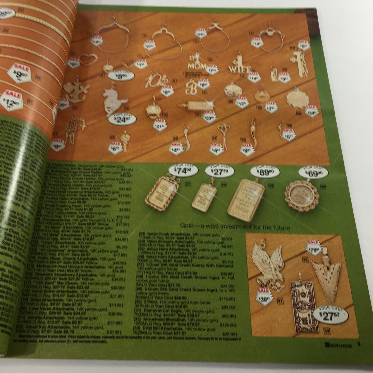 VTG 1982 Service Merchandise Catalog Showroom showcasing a variety of gold jewelry items with sale prices, highlighting gold as a wise investment.