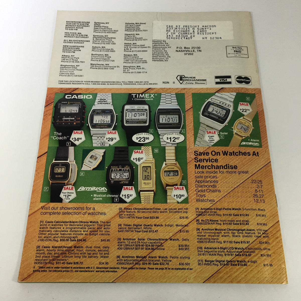 VTG 1982 Service Merchandise Catalog Showroom page dedicated to watches, featuring brands like Casio and Timex with sale prices.
