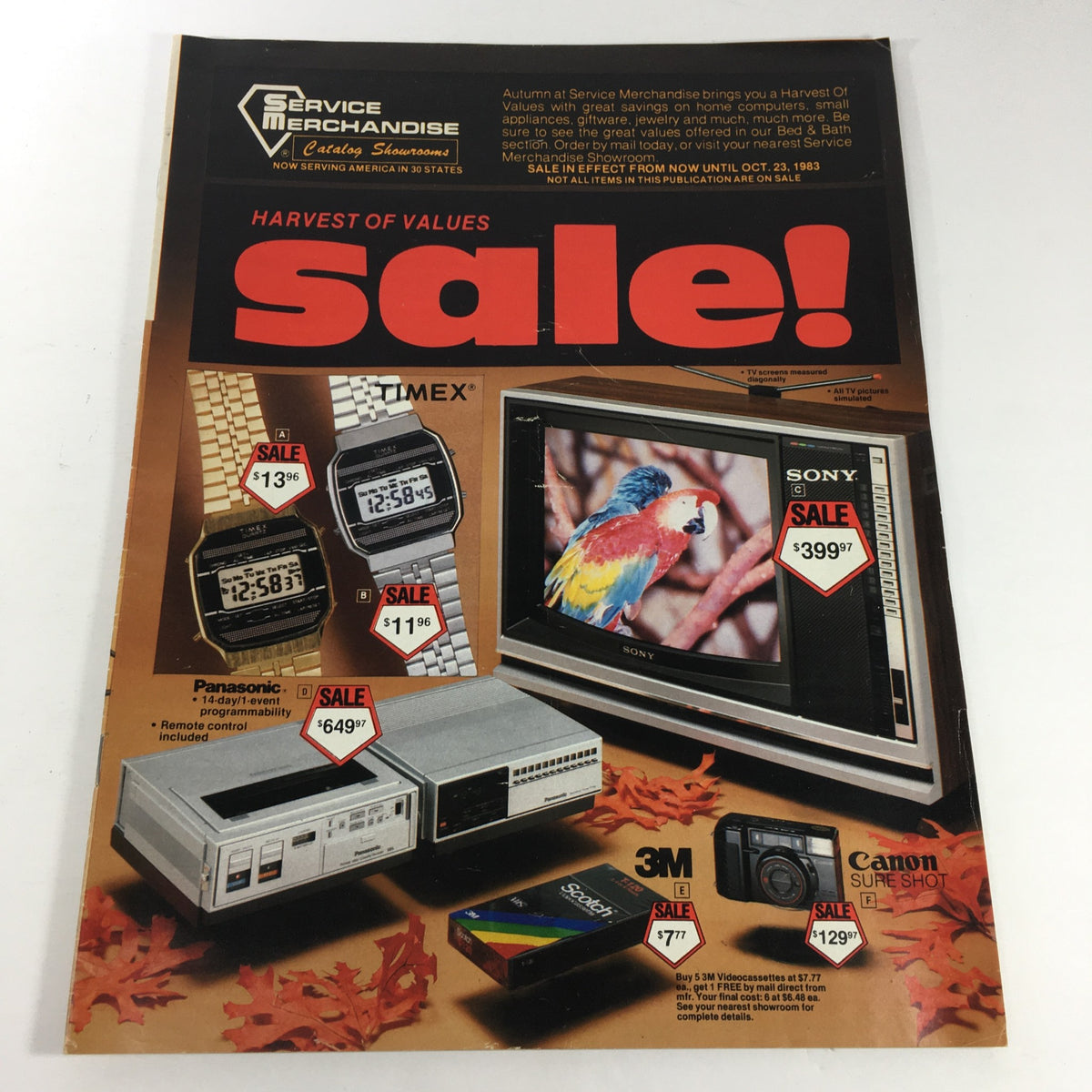 1983 Service Merchandise Catalog showcasing a 'Harvest of Values Sale' with electronics, watches, and photography equipment. Featured items include a Sony television, Timex watches, and Canon Sure Shot camera, highlighting vintage consumer products.