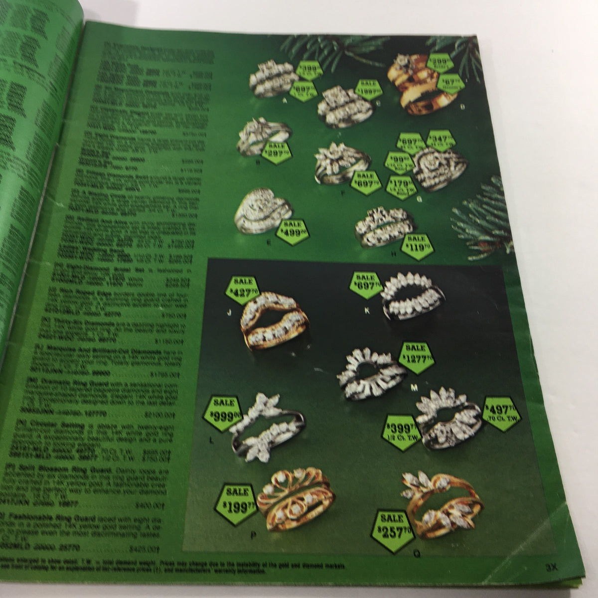 Interior page of the VTG 1979 Service Merchandise Catalog Showroom Gifts Diamonds Gold & Silver Guide showcasing various rings with price tags on a green background, highlighting vintage jewelry offerings.