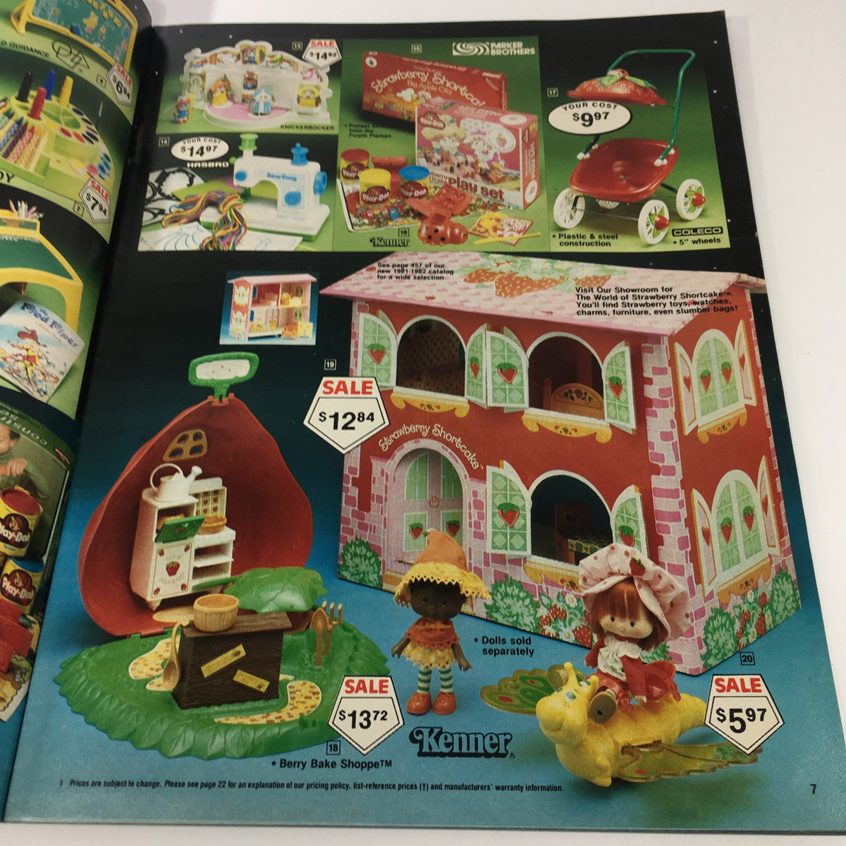 VTG 1981 Service Merchandise Catalog Holiday Toy Sale highlighting Kenner's Strawberry Shortcake toys and playsets, illustrating prices and classic toy designs.