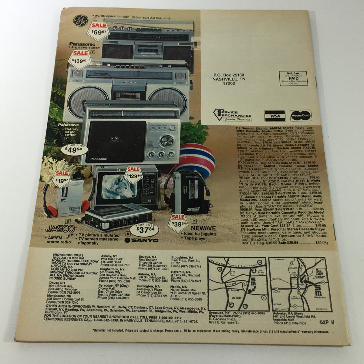 VTG 1982 Service Merchandise Catalog Showroom Summer Home Furniture Sale Guide featuring audio equipment including Panasonic and Sanyo products, with sale prices displayed.