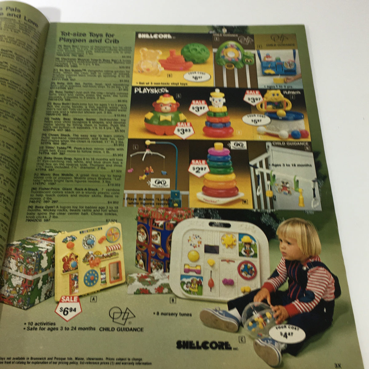 VTG 1980 Service Merchandise Catalog Showroom Holiday Toy Sale Price Guide featuring tot-sized toys for playpen and crib, including PlaySkool toys and Snellcore products.