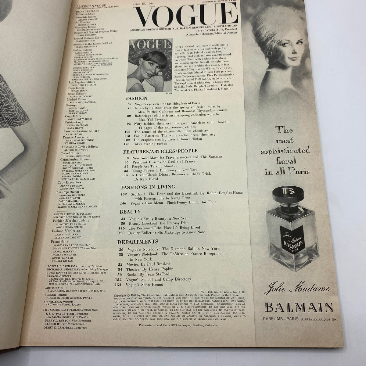 Interior page of VTG Vogue Magazine April 15 1964 featuring an index and advertisements showcasing fashion articles, exemplifying 1960s style and design.