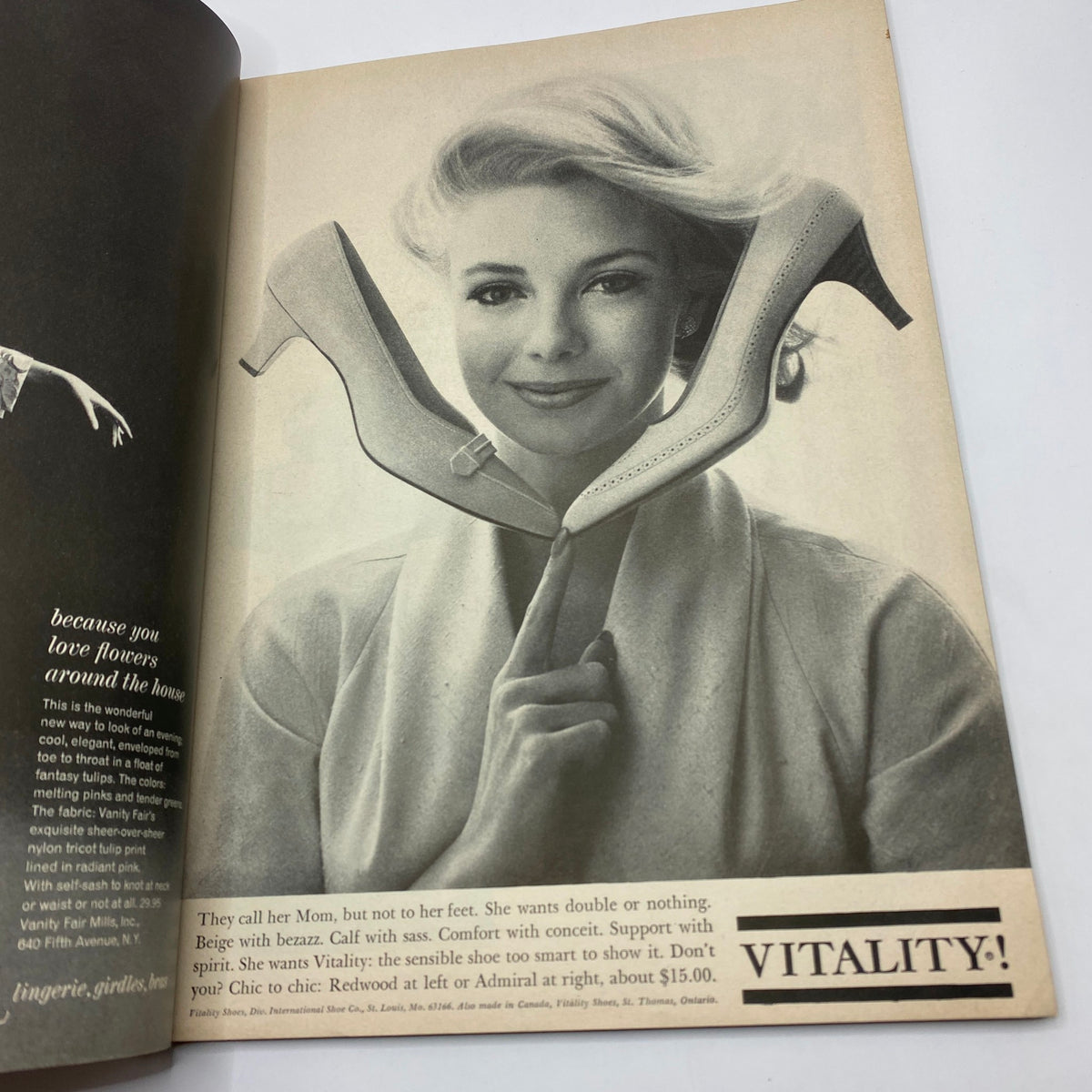 Vintage advertisement image from VTG Vogue Magazine April 15 1964, featuring a woman holding a shoe, emphasizing the fashion trends and beauty of the era.