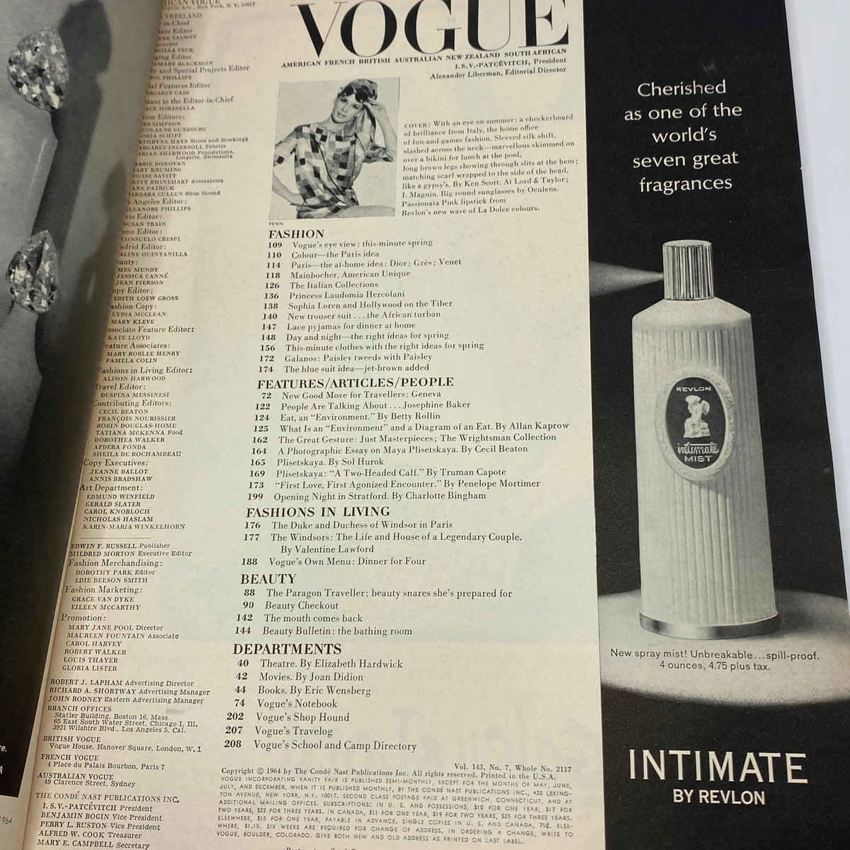 Interior page of VTG Vogue Magazine April 1 1964 featuring fashion sections, articles, and advertisements including the Revlon fragrance ad.